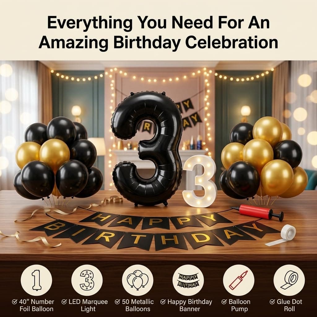 Balloonistics 5th Birthday Decoration Combo Kit - 40 Inch Black Foil Number Balloon, LED Marquee Light, 50 Black & Gold Balloons, Happy Birthday Banner, Balloon Pump & Glue Dots thumbnail 4