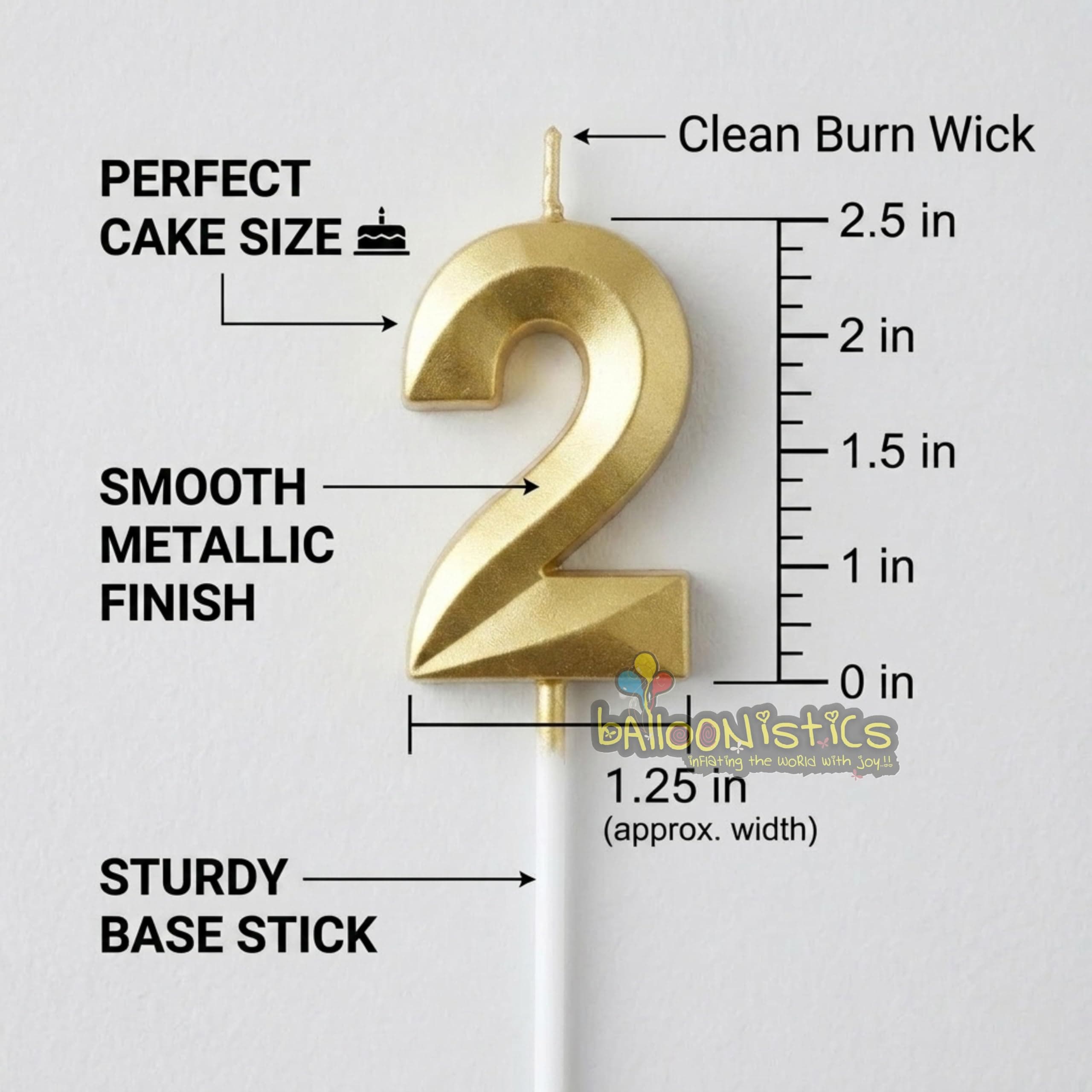 Balloonistics Gold Number 2 Birthday Candle - 3D Metallic Cake Topper for 2nd Birthday, Anniversary, Milestone Party Decoration thumbnail 3