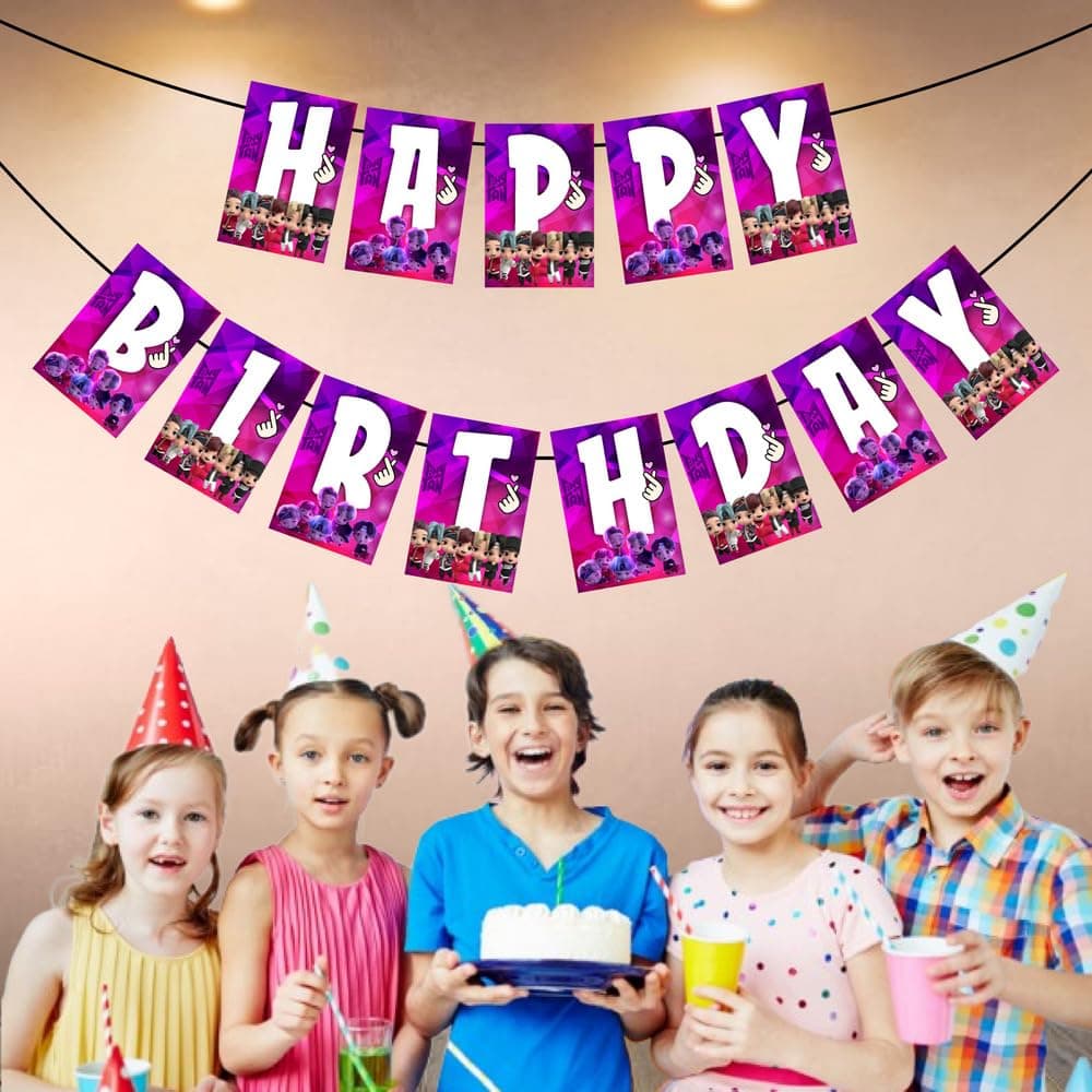 Balloonistics TinyTan Happy Birthday Banner - Large Cardstock Chibi K-Pop Bunting - Purple BTS Inspired Party Decorations featuring RM, Jin, SUGA, j-hope, Jimin, V, and Jung Kook (Happy Birthday Banner) thumbnail 3