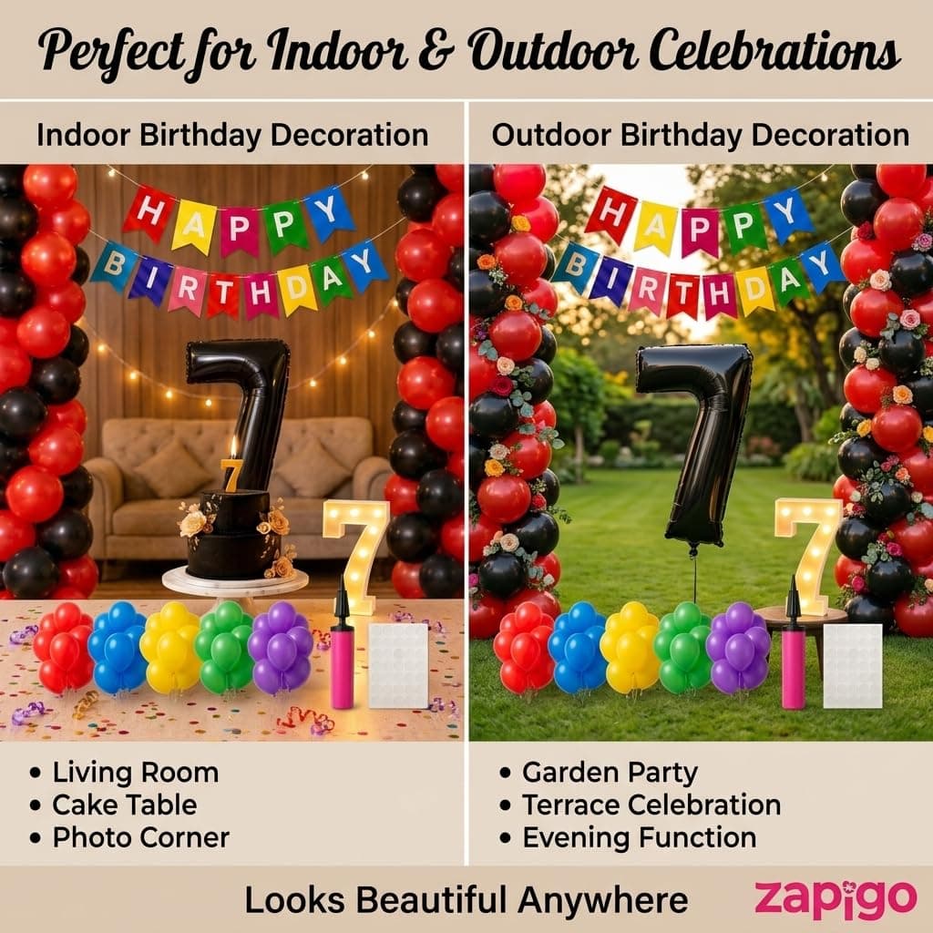 Balloonistics 60th Birthday Decoration Combo Kit - 40 Inch Black Foil Number Balloon, LED Marquee Light, 50 Black & Red Balloons, Happy Birthday Banner, Balloon Pump & Glue Dots thumbnail 4
