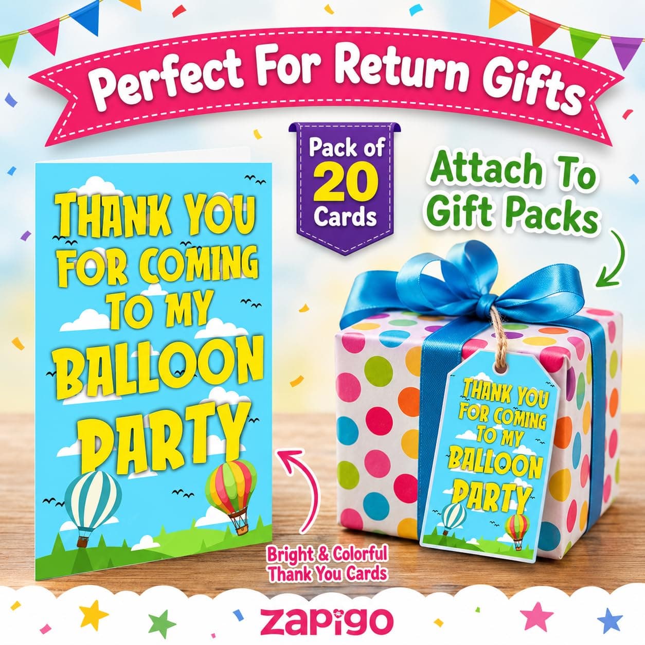 Balloonistics Hot Air Balloon Theme Thank You Cards - Pack of 20 Up & Away Party Appreciation Notes - Premium Cardstock Whimsical Sky & Clouds Stationery, Adventure Awaits Birthday Favors (Thank you Cards - Pack of 20) thumbnail 2