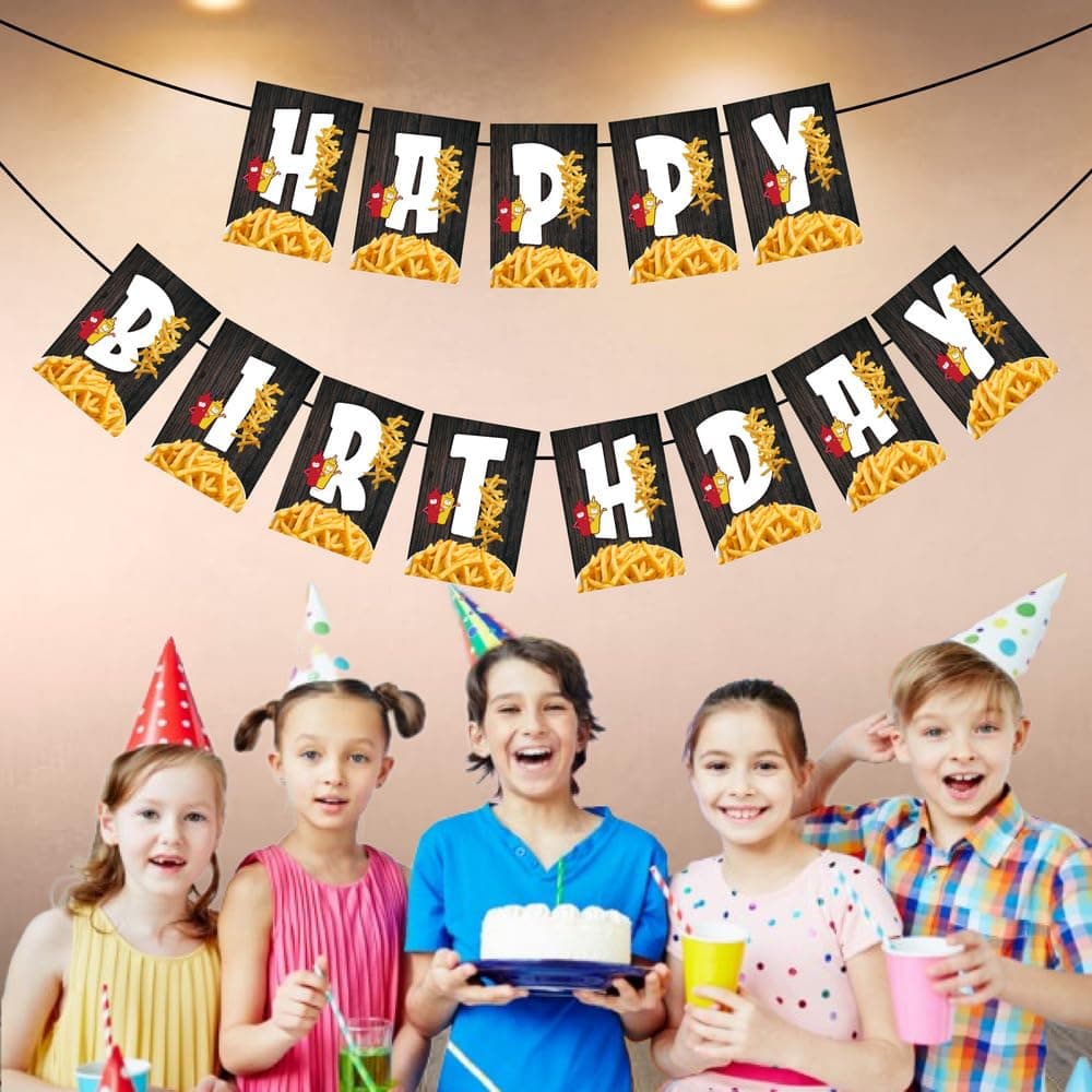 French Fries Theme Happy Birthday Banner - Fast Food & Fry-Day Cardstock Bunting for Kids & Adults - Salty & Sweet Junk Food Party Decorations, Burger & Fries Backdrop thumbnail 3