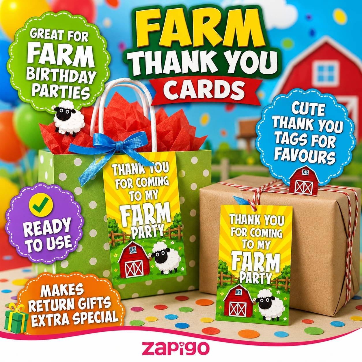 Balloonistics Farm Theme Thank You Cards - Pack of 20 Barnyard Party Note Cards - Premium Cardstock "Thanks for Mooving by My Birthday" Stationery, Rustic Red Tractor & Cow Gratitude Cards (Thank you Cards - Pack of 20) thumbnail 3