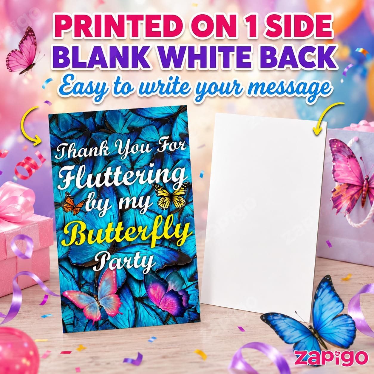 Balloonistics Butterfly Theme Birthday Thank You Cards - Pack of 20 Elegant "Fluttering" Note Cards with Envelopes - Double-Sided Cardstock Fill-in Appreciation Cards for Girls, Enchanted Garden Party Favors (Thank you Cards - Pack of 20) thumbnail 3