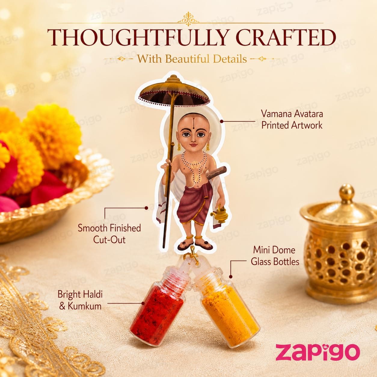 Habba Vamana Avatara Haldi Kumkum Set for Guests, Printed Cut-Out with Mini Dome Glass Bottles of Haldi & Kumkum, Traditional Onam, Vishnu Pooja, Satyanarayana Pooja & Griha Pravesh Return, Pack of 10 thumbnail 3