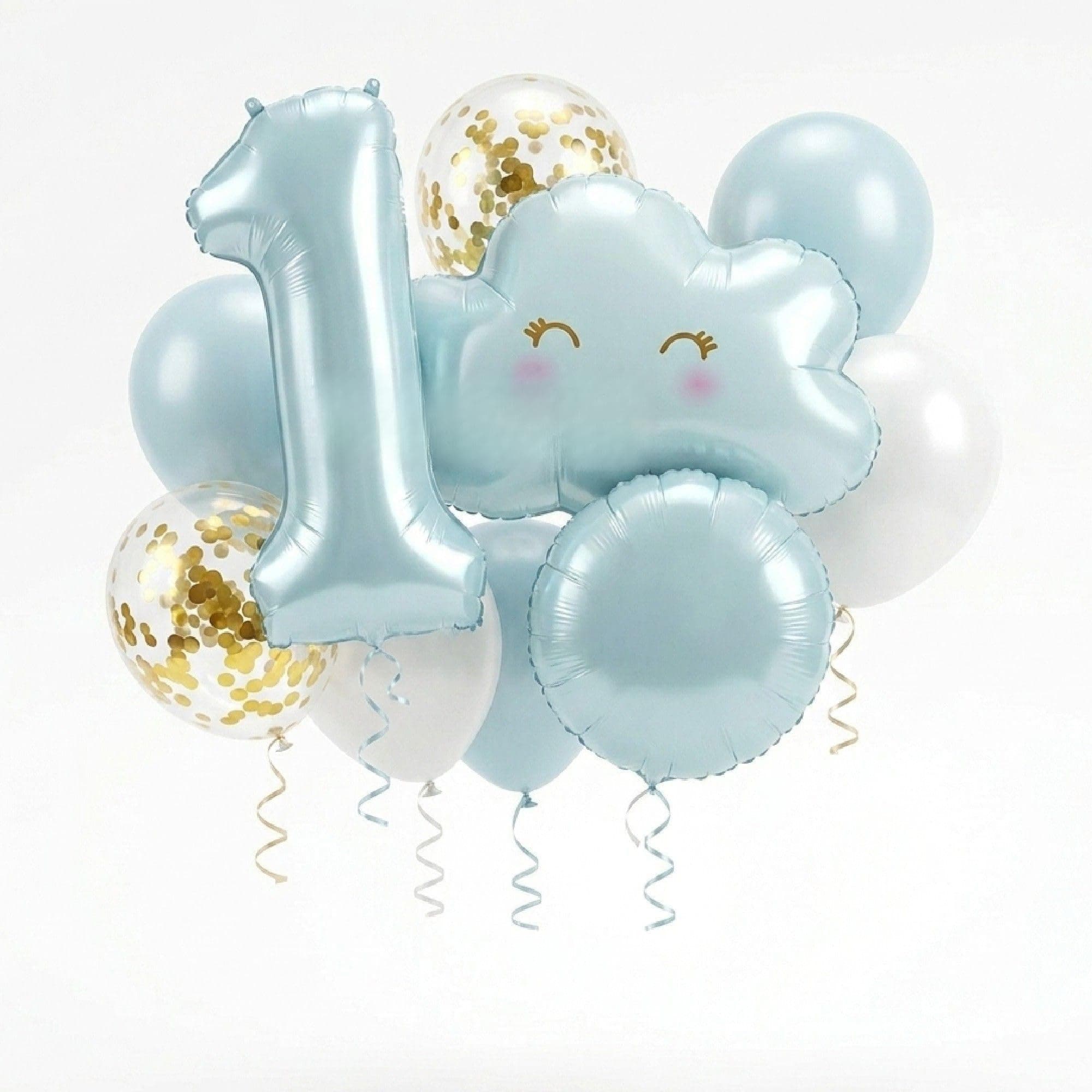 Balloonistics 1st Birthday Blue Cloud Theme Balloon Bouquet - Pack of 9 | Number 1 Foil, Smiling Cloud, Round Foil, Gold Confetti & Latex Balloons | Baby Boy First Birthday Decoration Set thumbnail 1