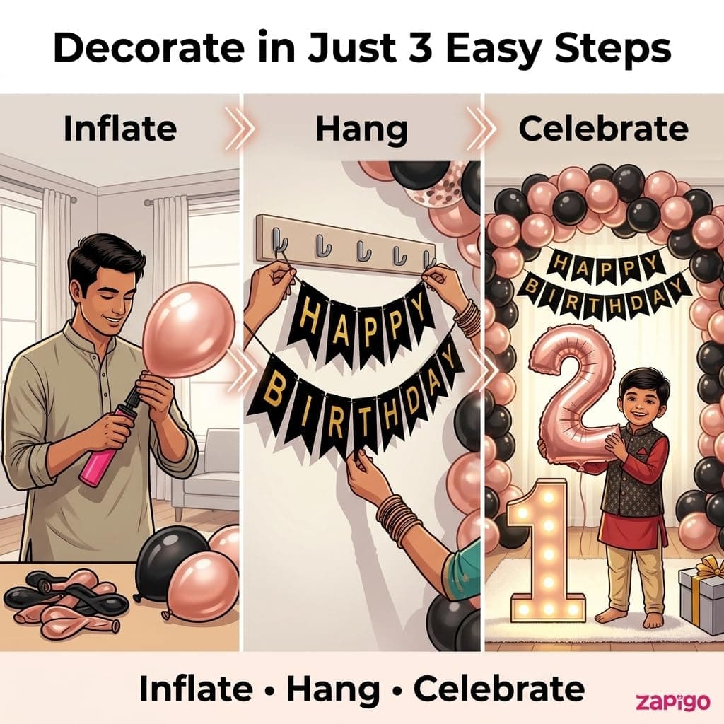 Balloonistics 30th Birthday Decoration Combo Kit - 40 Inch Rose Gold Foil Number Balloon, LED Marquee Light, 50 Rose Gold & Black Balloons, Happy Birthday Banner, Balloon Pump & Glue Dots thumbnail 3