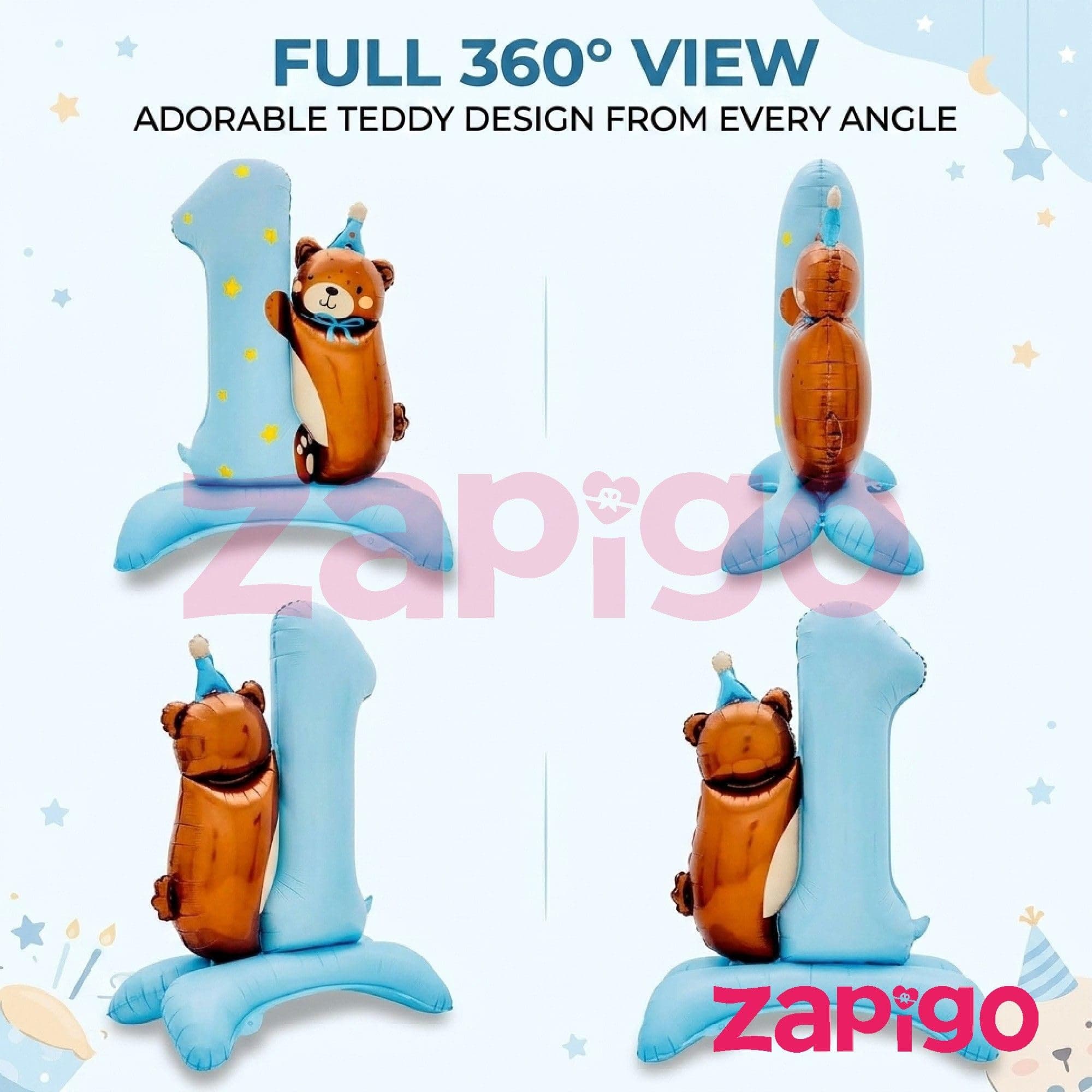 Balloonistics Number 1 Self Standing Blue Foil Balloon With Teddy Bear thumbnail 3