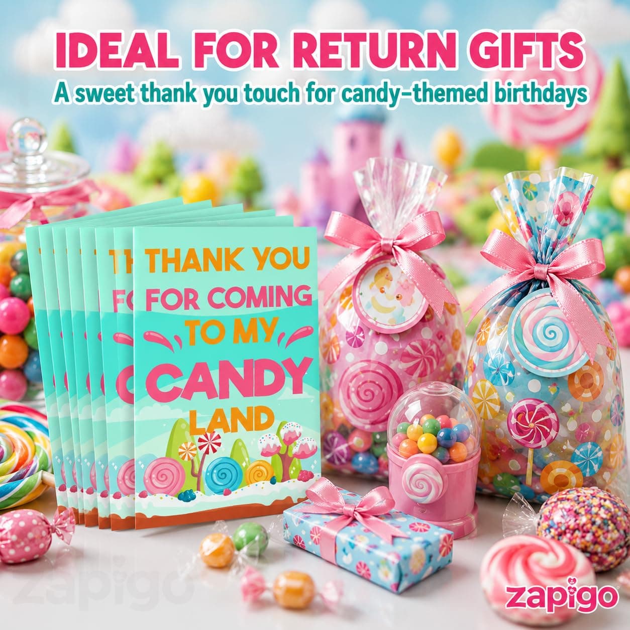 Balloonistics Candy Theme Birthday Thank You Cards - Pack of 20 Vibrant "Sweet Shop" Note Cards with Envelopes - Double-Sided Cardstock Fill-in Appreciation Cards, Candyland Party Favors (Thank you Cards - Pack of 20) thumbnail 2