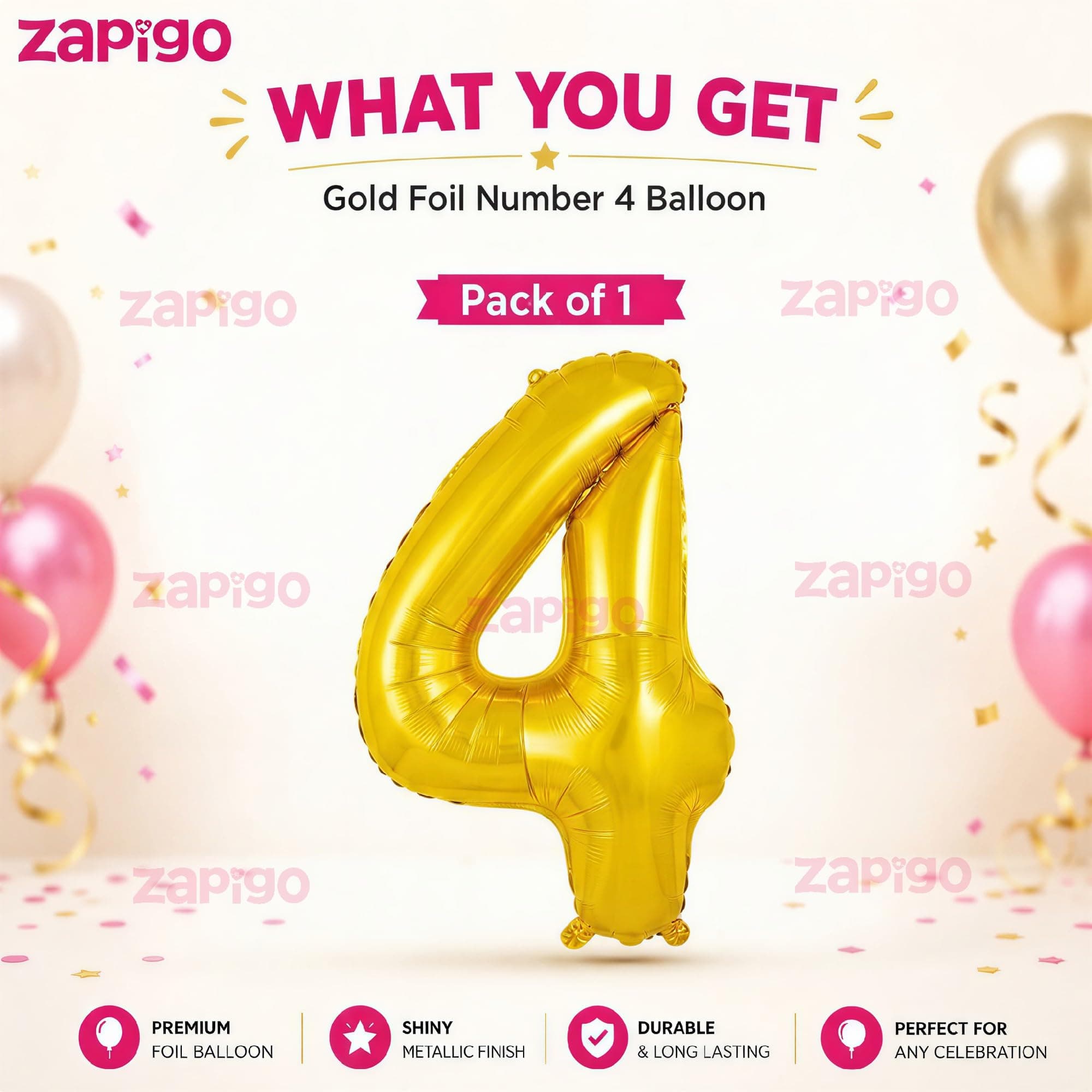 Balloonistics Gold Number 4 Foil Balloon – Large Metallic Gold Number Four Balloon for 4th Birthday, Fourth Anniversary & Party Decorations (Gold, Number 4) thumbnail 2