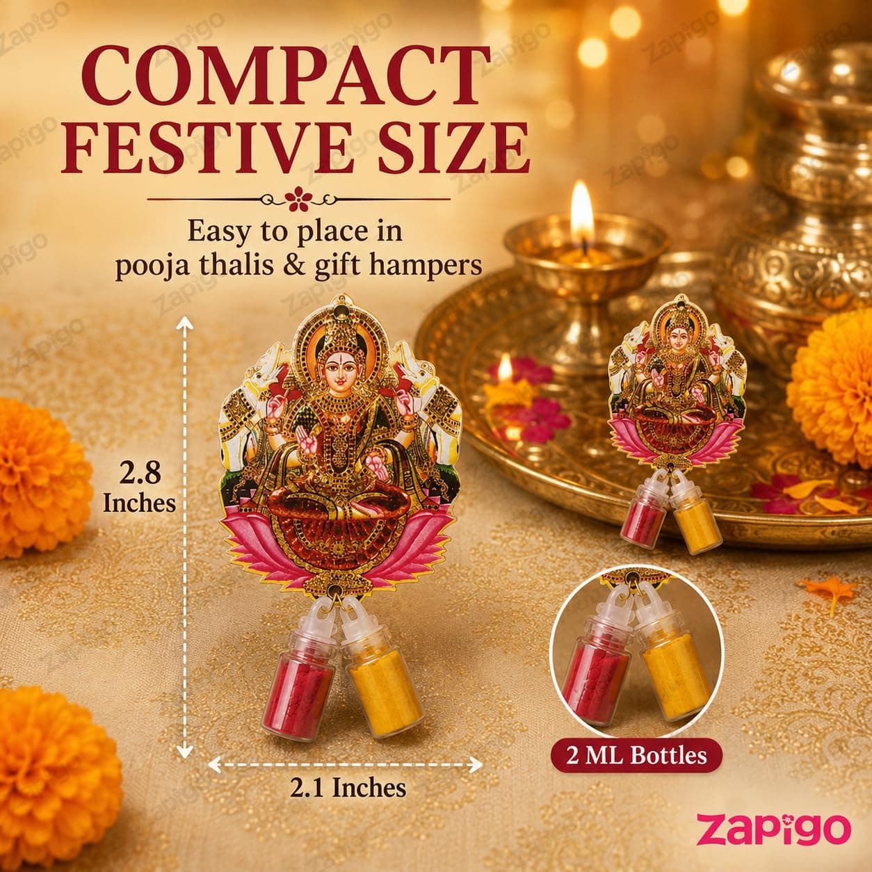 Habba Gaja Lakshmi Haldi Kumkum Set for Guests, Printed Cut-Out with Mini Dome Glass Bottles of Haldi & Kumkum, Traditional Varalakshmi Vratham, Deepavali, Navratri, Griha Pravesh, Pack of 5 thumbnail 3