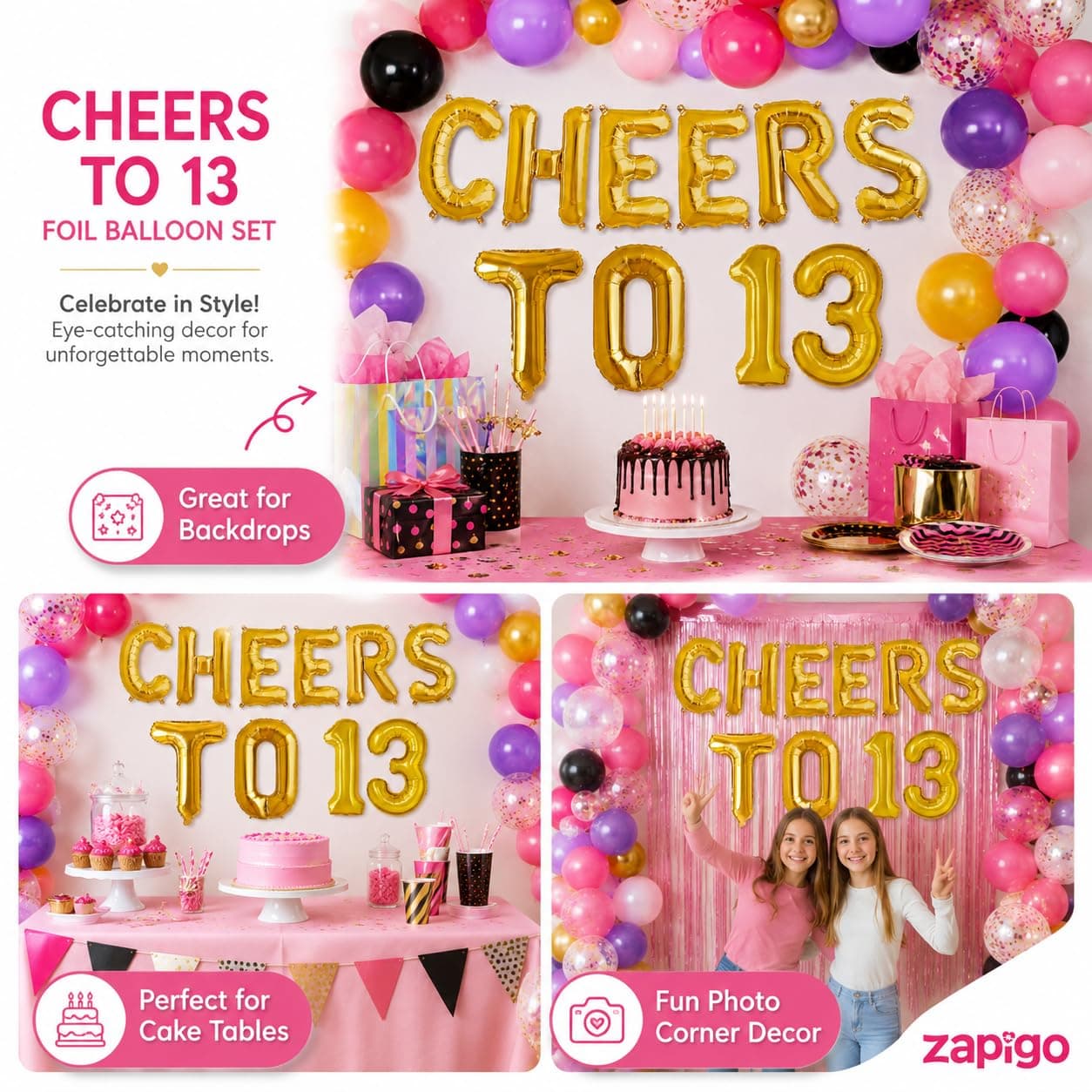 Balloonistics Cheers to 13 Foil Balloon Combo | Number 13 Balloons with Gold Text | 13th Birthday, Teen Party & Anniversary Decoration thumbnail 3