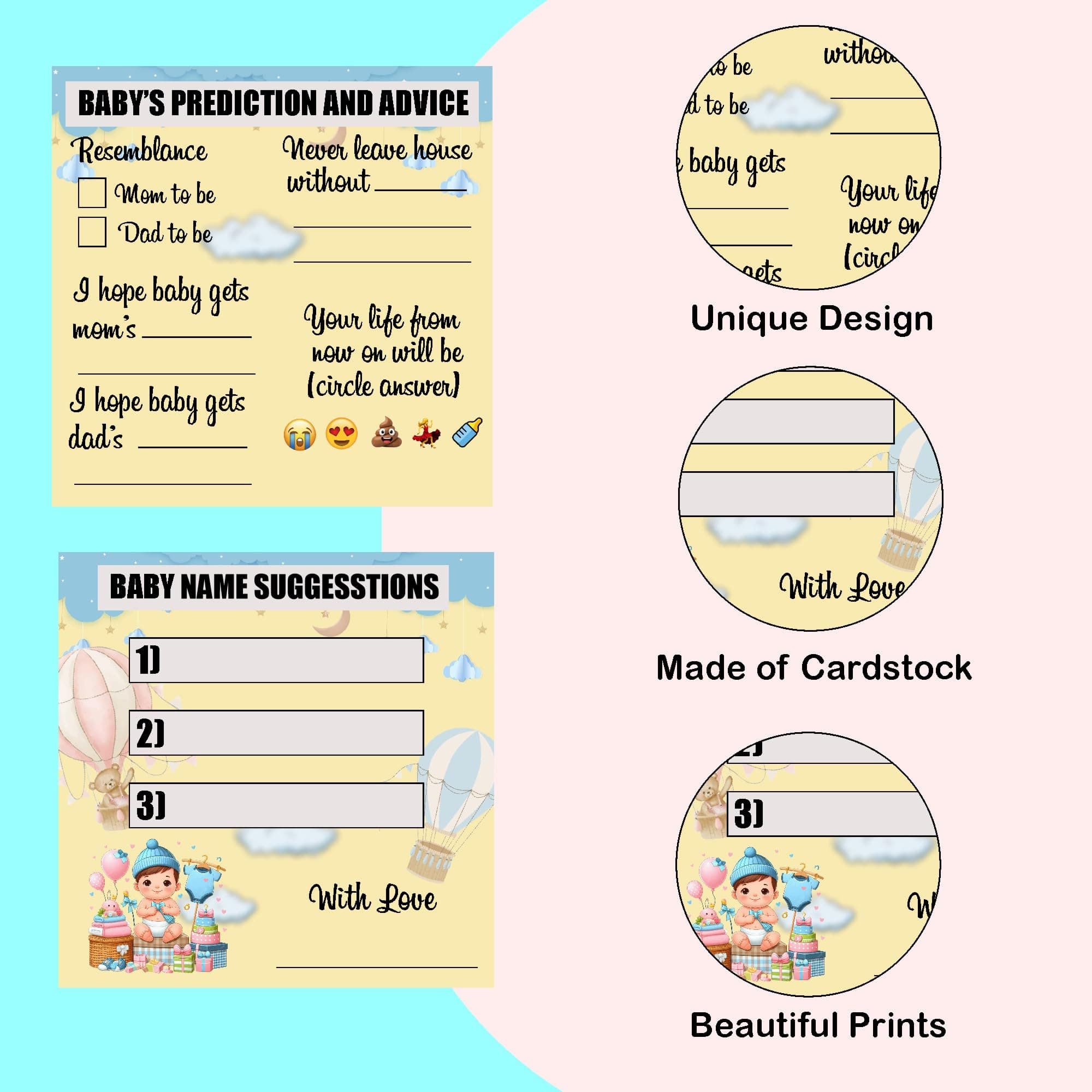 Balloonistics Baby Shower Activity Cards – Pack of 20 (10 Each) – Teddy Bear & Parachute Theme – Predictions, Wishes, Advice & Name Suggestions – Premium 4x4 Inch Cardstock Guest Games thumbnail 6