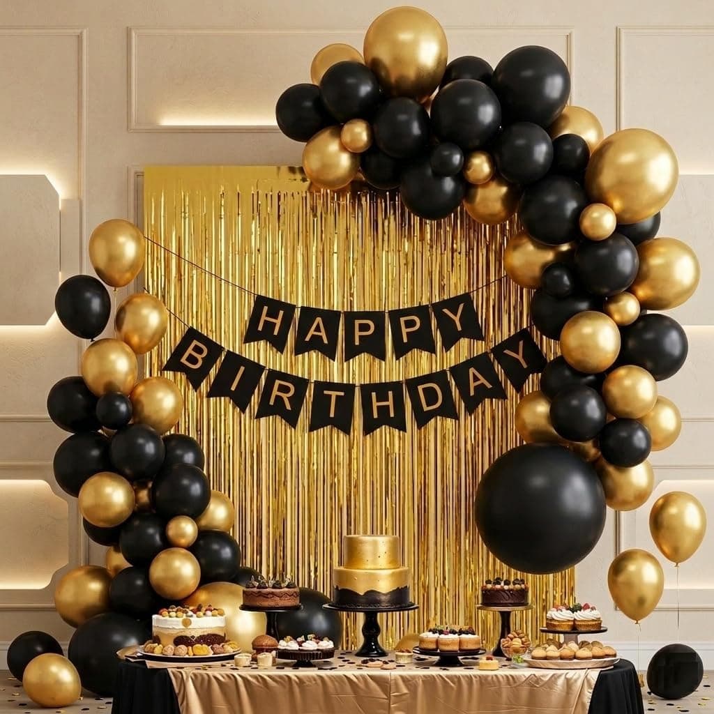 Balloonistics 46 Pcs Black & Gold Happy Birthday Decoration Kit – Metallic Balloons & Golden Foil Curtain for Birthday Theme Parties thumbnail 2