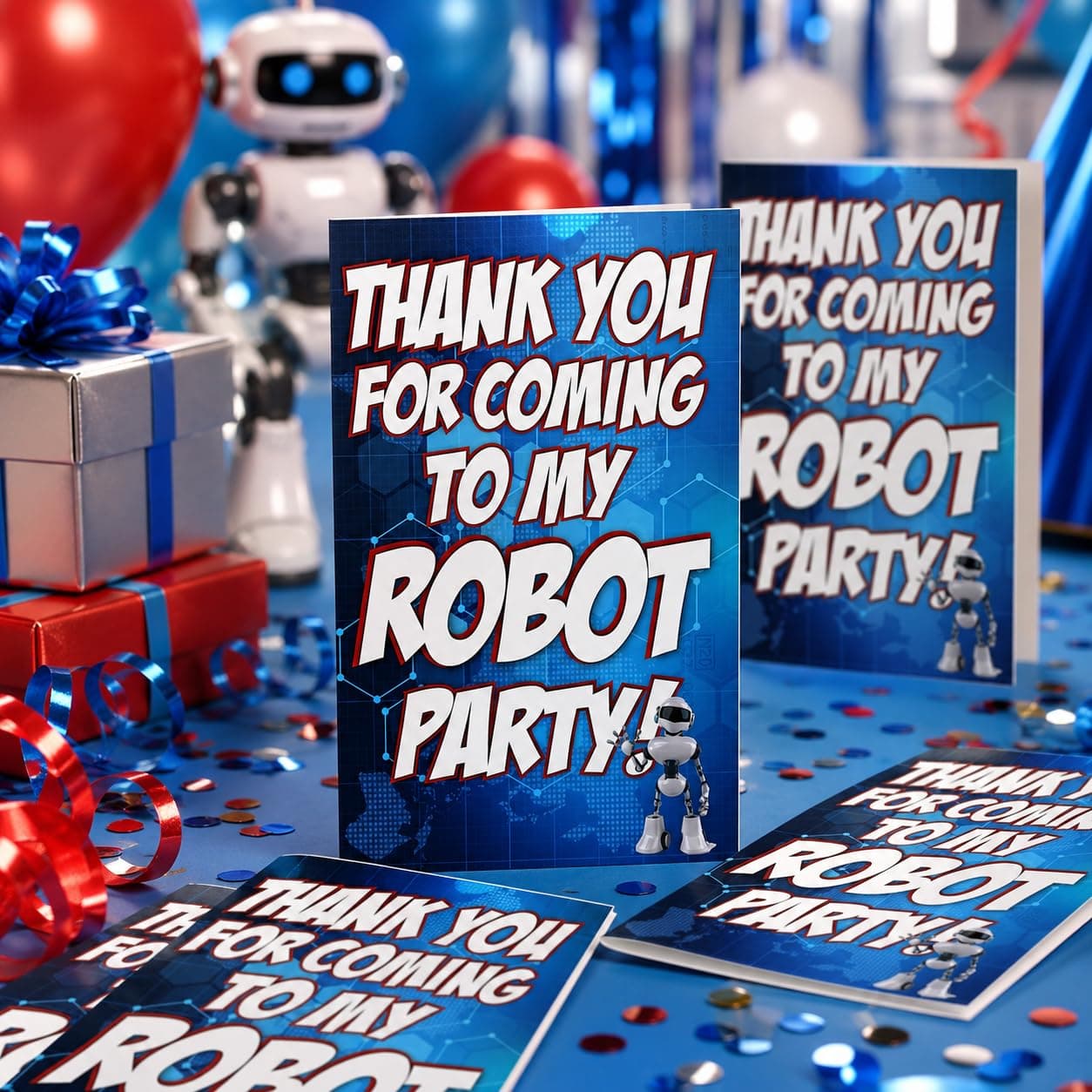 Balloonistics Robot Theme Thank You Cards - Pack of 20 Double-Sided Cardstock Note Cards - Futuristic Sci-Fi Party Stationery for Kids, Boys & STEM Birthdays - Gear-Shaped Appreciation Cards with Fill-in Details (Thank you Cards - Pack of 20)