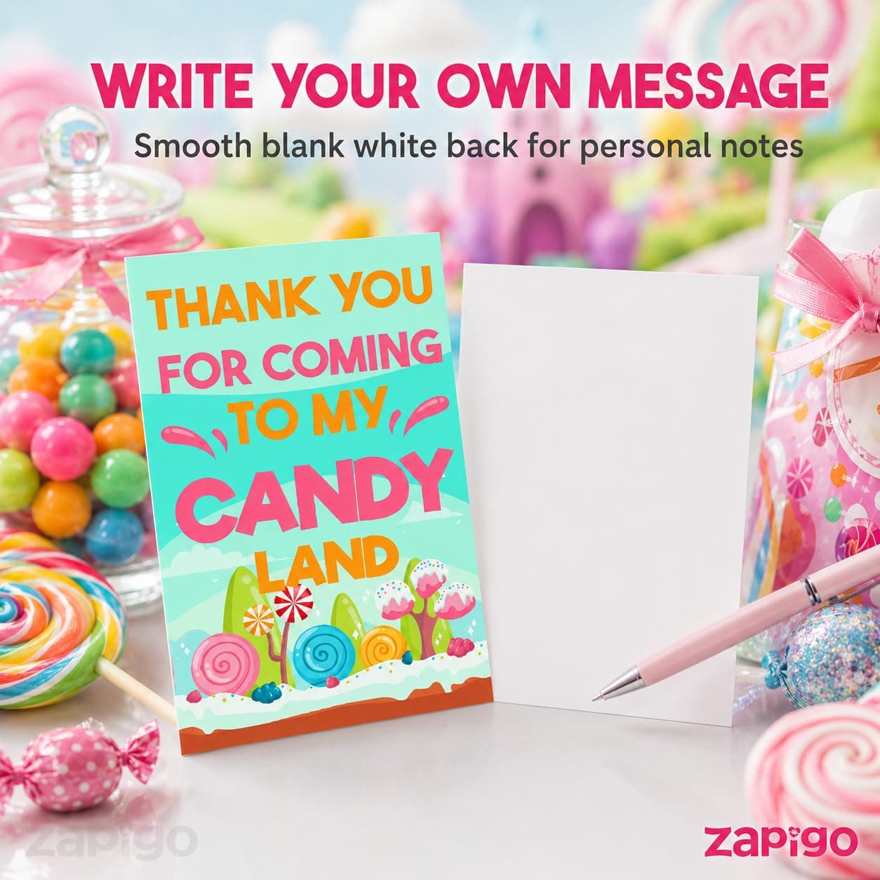Balloonistics Candy Theme Birthday Thank You Cards - Pack of 20 Vibrant "Sweet Shop" Note Cards with Envelopes - Double-Sided Cardstock Fill-in Appreciation Cards, Candyland Party Favors (Thank you Cards - Pack of 20) thumbnail 3