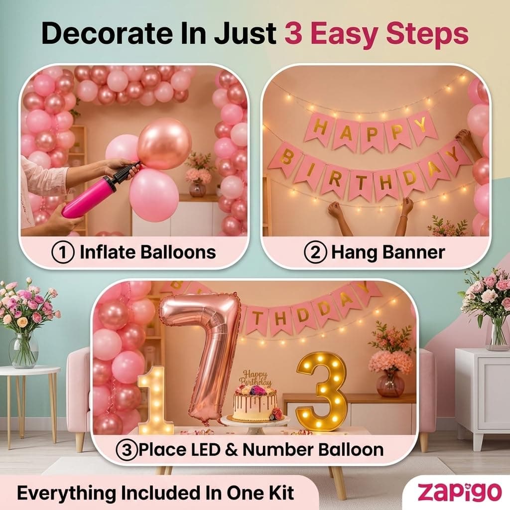 Balloonistics 21st Birthday Decoration Combo Kit - 40 Inch Rose Gold Foil Number Balloon, LED Marquee Light, 50 Rose Gold & Pink Balloons, Happy Birthday Banner, Balloon Pump & Glue Dots thumbnail 3