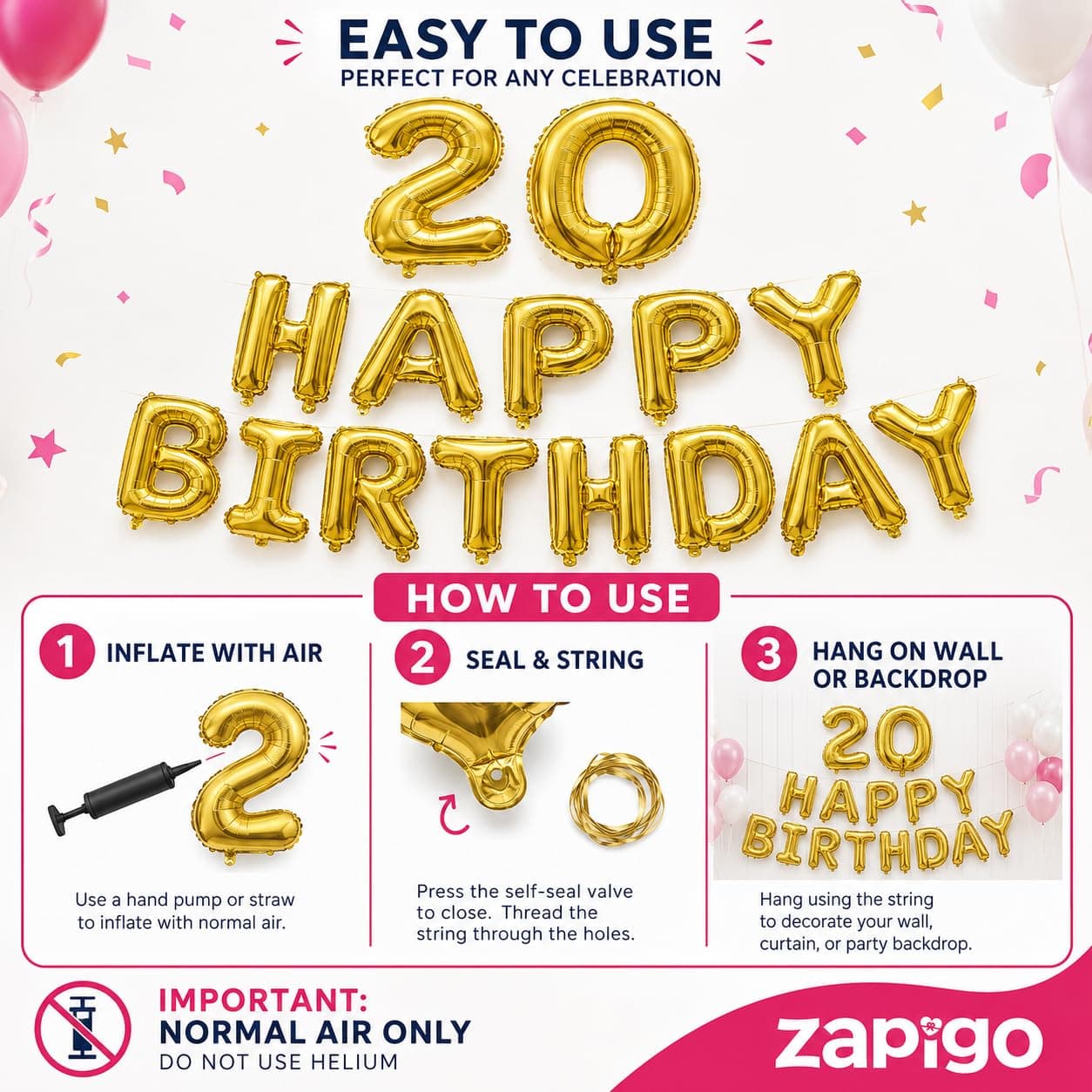 Balloonistics Happy Birthday Letter Golden Foil Balloons and Number Golden Foil Balloon for Party Decoration (Number 20) thumbnail 2