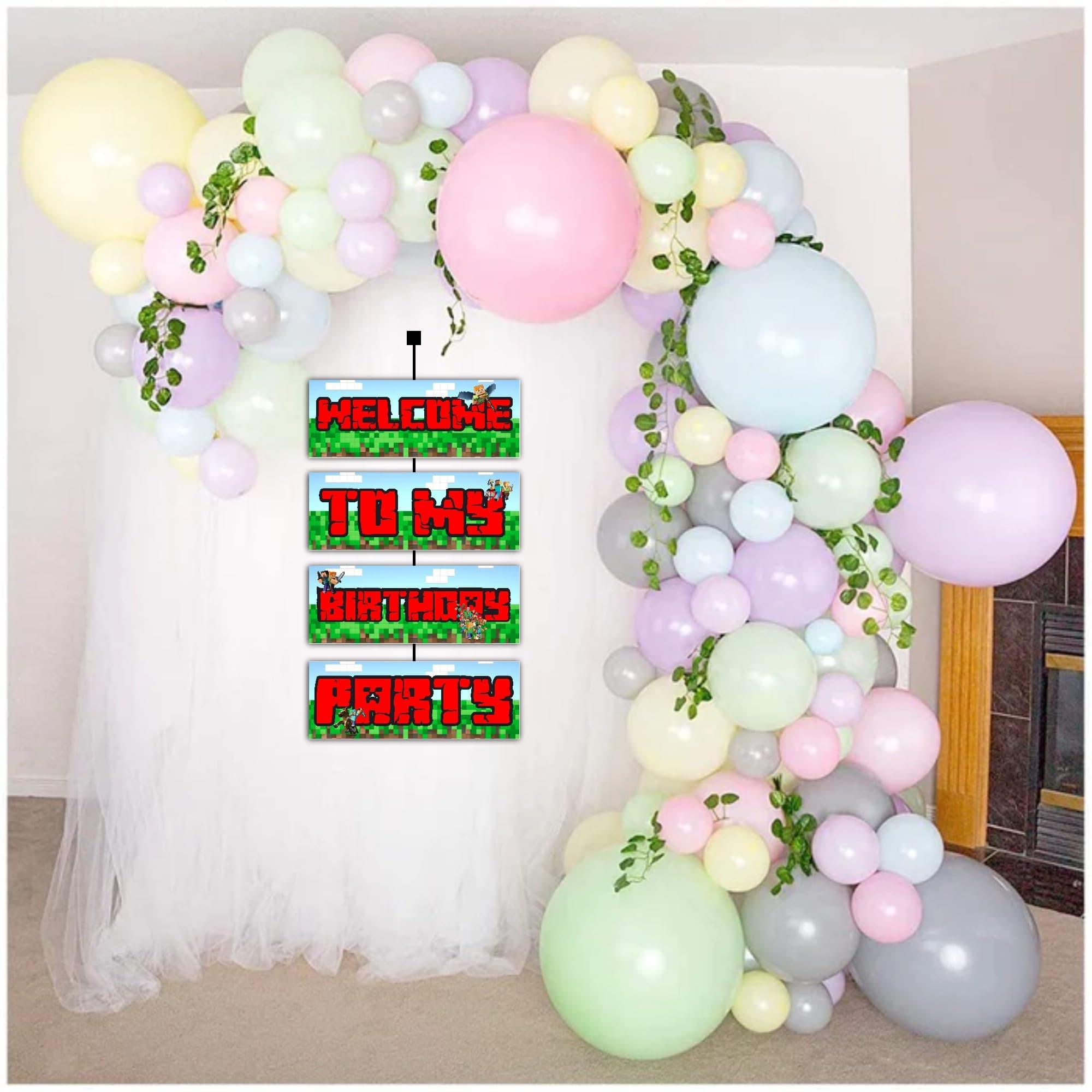 Balloonistics Mines & Craft Theme Welcome Board 2.3 Feet Cardstock Birthday Sign Double-Sided Pixel Party Decoration for Indoor & Outdoor with Ribbons (Welcome Outdoor Board) thumbnail 4