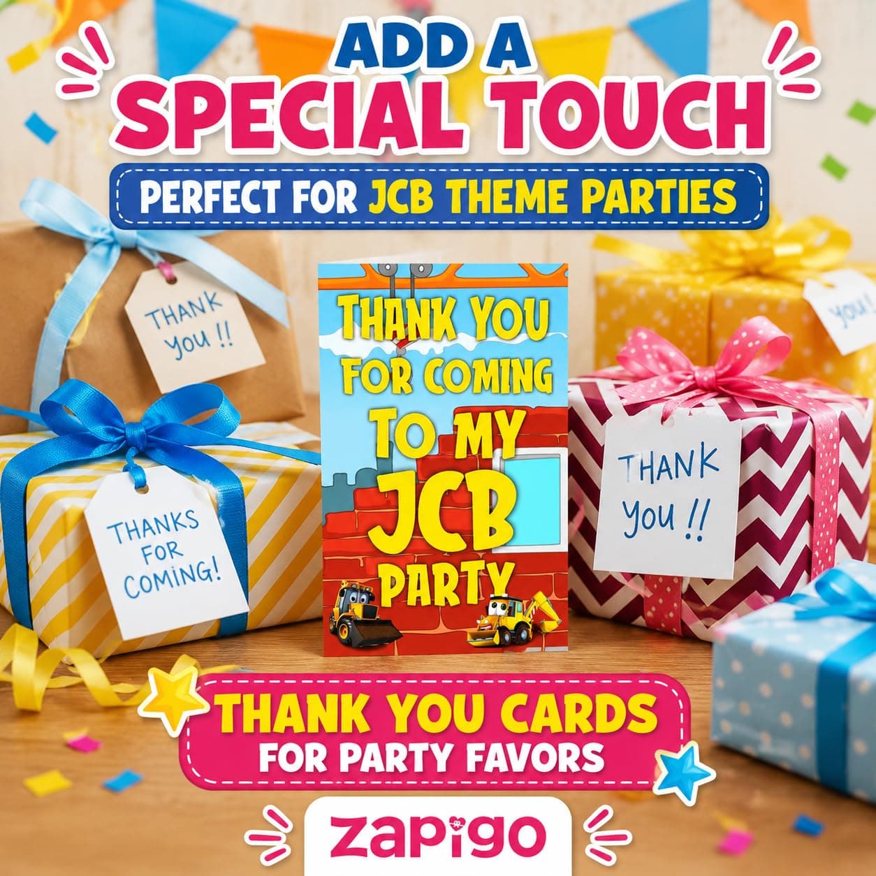 Balloonistics Little JCB Theme Thank You Cards - Pack of 20 Construction Party Appreciation Notes - Premium Cardstock Yellow Digger & Excavator Stationery, "Loads of Thanks" Birthday Favors (Thank you Cards - Pack of 20) thumbnail 8