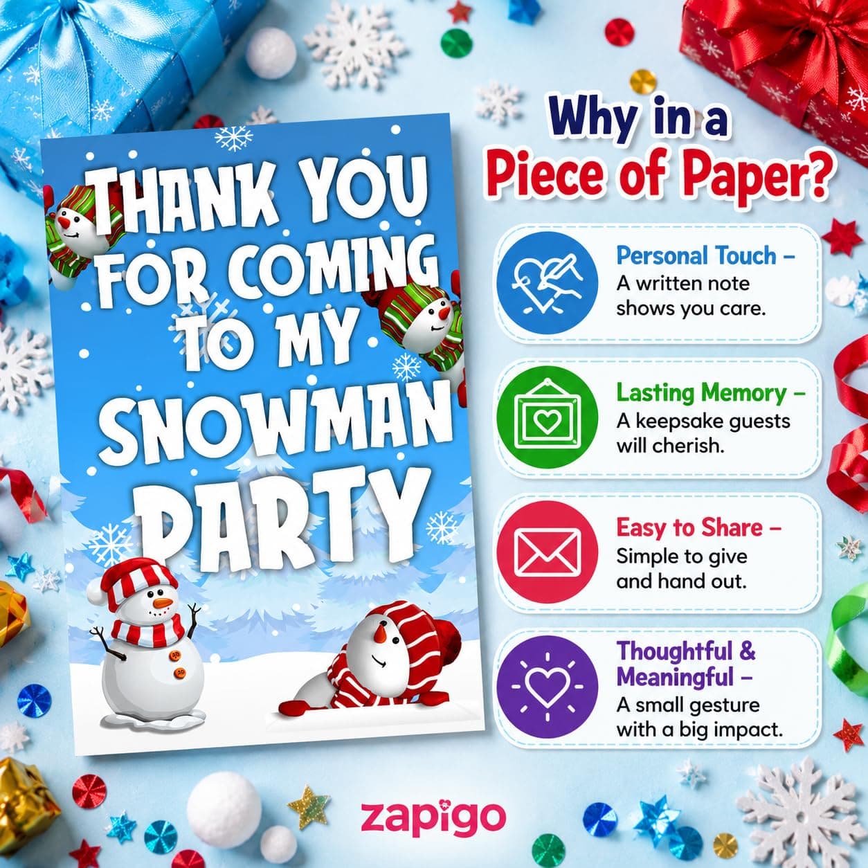 Balloonistics Snowman Birthday Thank You Cards - Pack of 20 Premium Cardstock Notes - Winter Wonderland Party Supplies, Frosty Theme "Thanks for Coming" Appreciation Cards, Holiday Season Birthday Stationery (Thank you Cards - Pack of 20) thumbnail 4