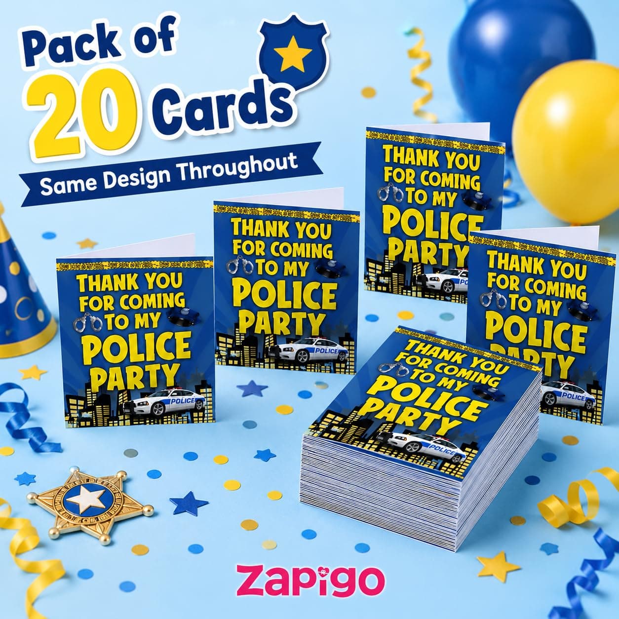 Balloonistics Police Theme Thank You Cards - Pack of 20 Premium Cardstock Notes - Law Enforcement Party Supplies, "Thanks for Reporting for Duty" Hero Appreciation Cards, Police Officer Birthday Stationery (Thank you Cards - Pack of 20) thumbnail 7