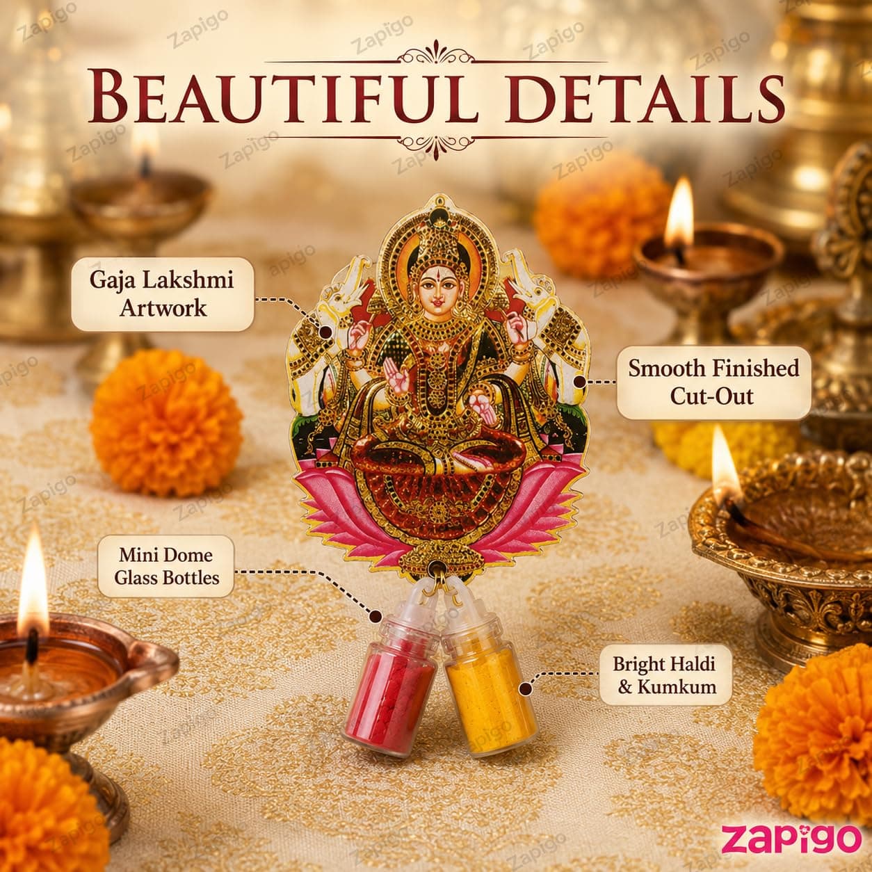 Habba Gaja Lakshmi Haldi Kumkum Set for Guests, Printed Cut-Out with Mini Dome Glass Bottles of Haldi & Kumkum, Traditional Varalakshmi Vratham, Deepavali, Navratri, Griha Pravesh, Pack of 5 thumbnail 4