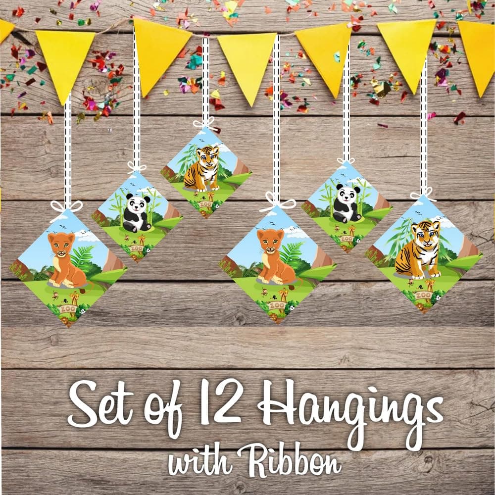Balloonistics Zoo Theme Hanging Decorations - Pack of 12 Double-Sided Cardstock Animal Cutouts with Shimmering Foil Swirls - Lion, Elephant, & Zebra Jungle Safari Party Supplies (Hangings - Pack of 12) thumbnail 2