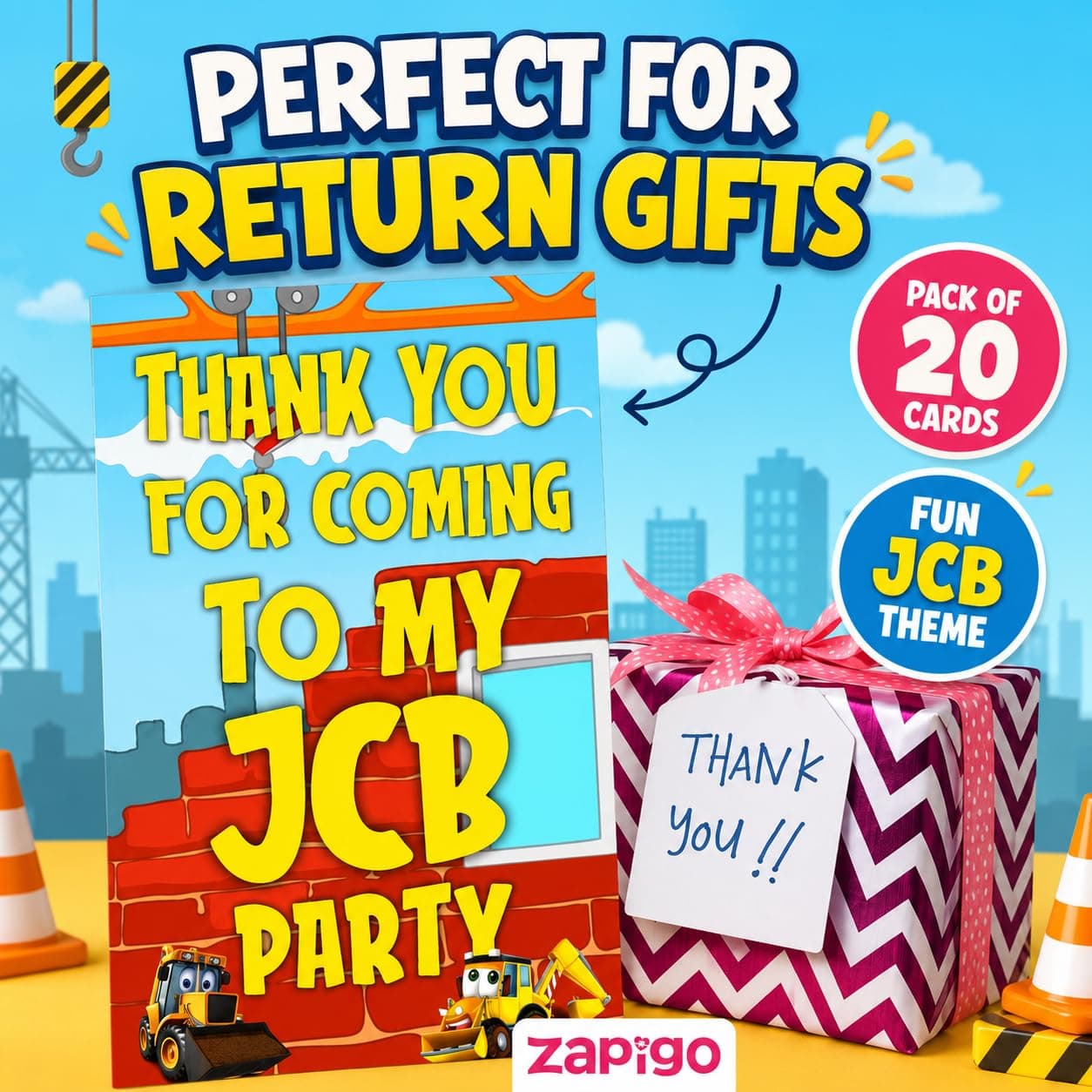 Balloonistics Little JCB Theme Thank You Cards - Pack of 20 Construction Party Appreciation Notes - Premium Cardstock Yellow Digger & Excavator Stationery, "Loads of Thanks" Birthday Favors (Thank you Cards - Pack of 20) thumbnail 2