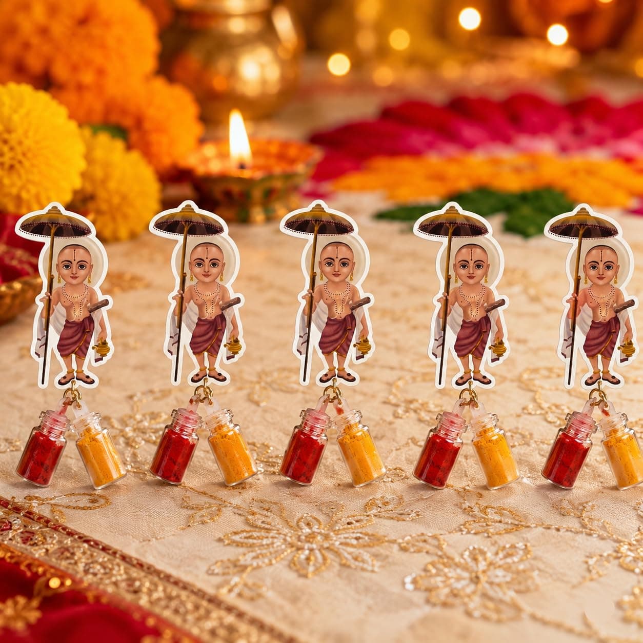 Habba Vamana Avatara Haldi Kumkum Set for Guests, Printed Cut-Out with Mini Dome Glass Bottles of Haldi & Kumkum, Traditional Onam, Vishnu Pooja, Satyanarayana Pooja & Griha Pravesh Return, Pack of 10 thumbnail 1