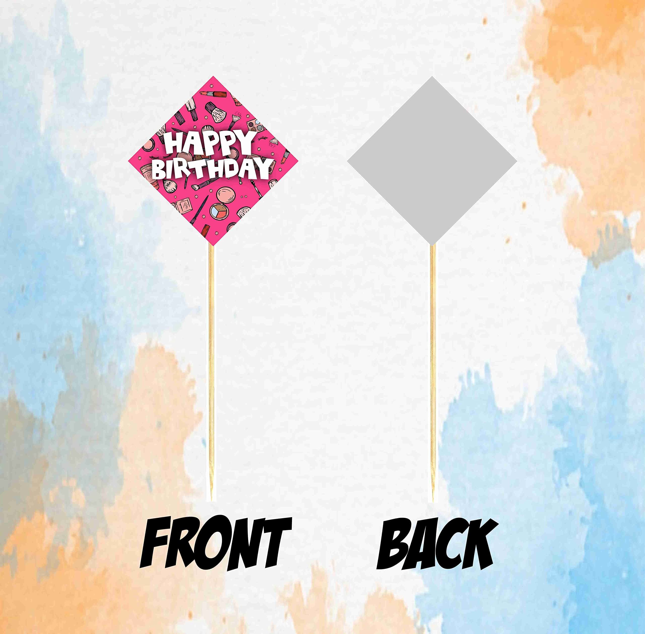 Balloonistics Makeup Theme Happy Birthday Cake Topper - Pack of 10 Premium Cardstock Decorations - Spa Day, Glamour & Salon Party Supplies - Includes Sturdy Bamboo Sticks thumbnail 4