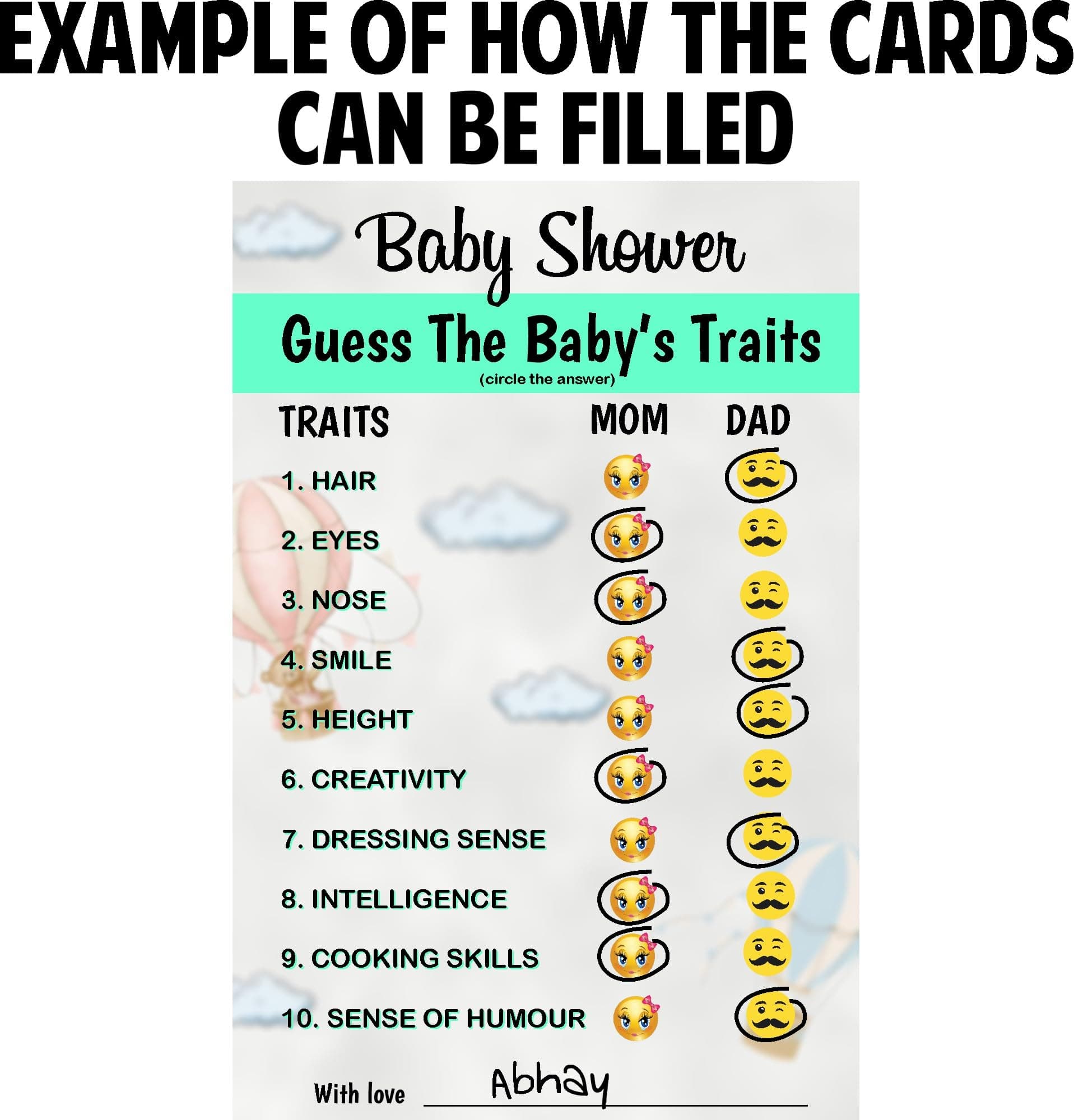 Balloonistics Baby Shower Activity Cards – Pack of 20 – “Baby Traits” Prediction & Wishes Game – Premium 4x6 Inch Cardstock – Botanical Greenery Design thumbnail 7