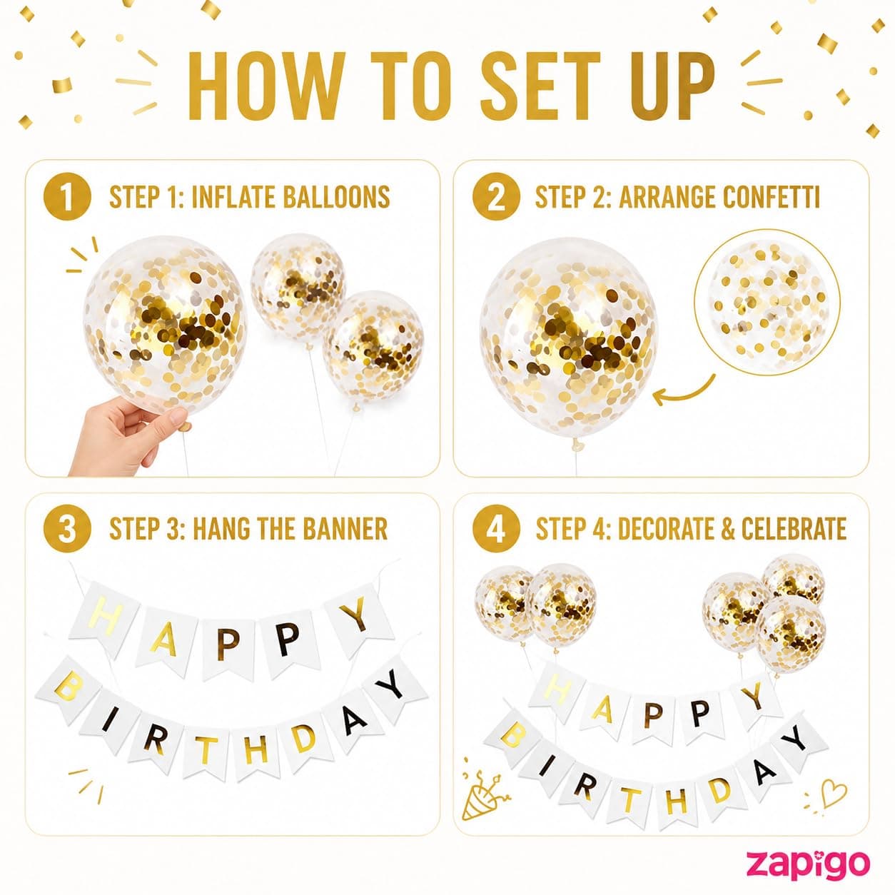 Balloonistics Gold Confetti Balloons with White Happy Birthday Banner Combo – Pre-Filled Confetti Latex Balloons & Birthday Banner Party Decoration Set thumbnail 4