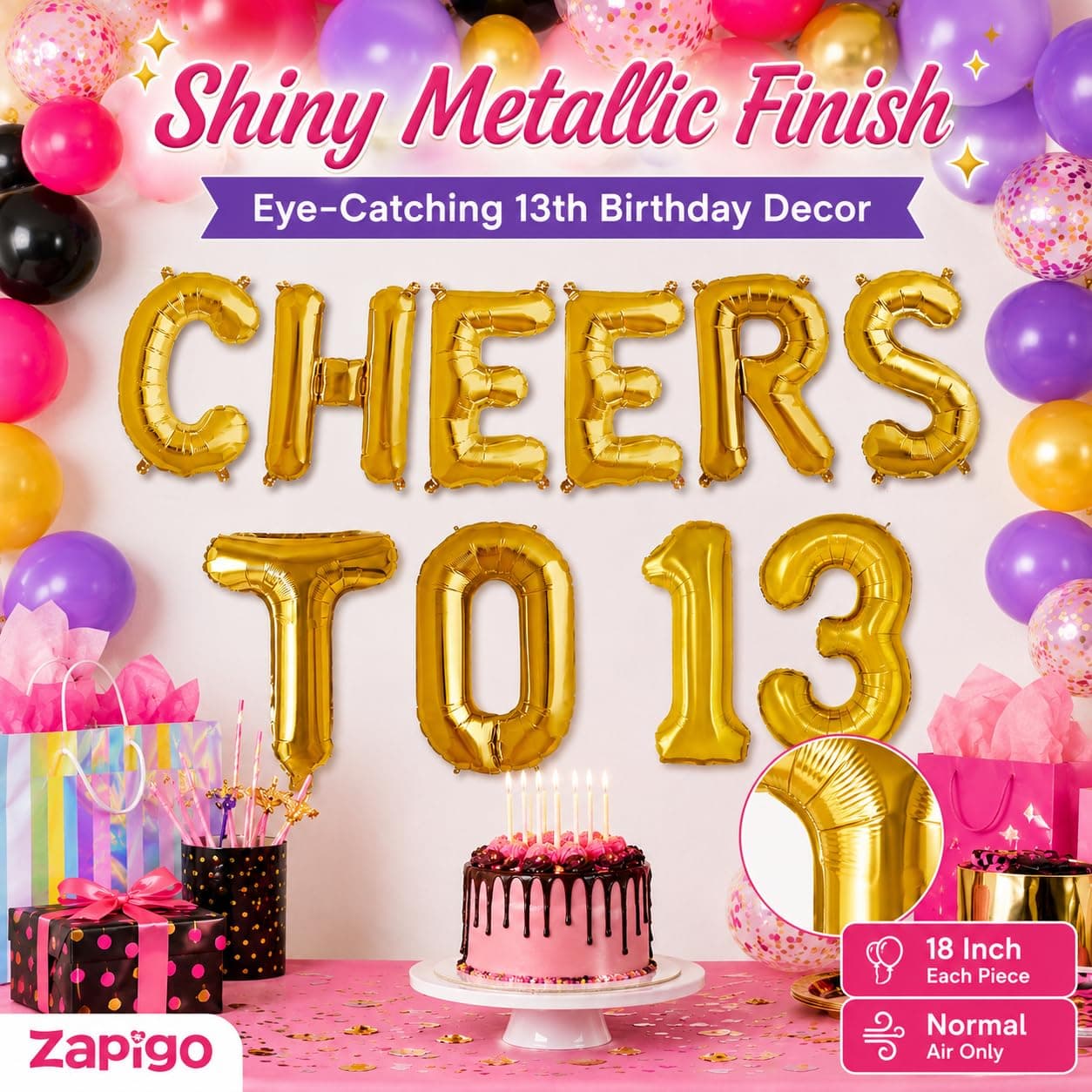 Balloonistics Cheers to 13 Foil Balloon Combo | Number 13 Balloons with Gold Text | 13th Birthday, Teen Party & Anniversary Decoration thumbnail 2