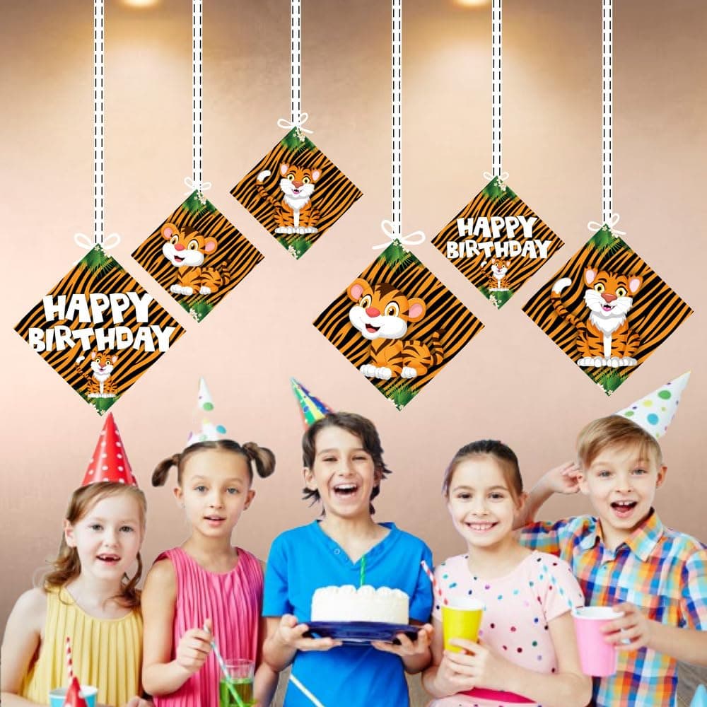 Balloonistics Tiger Theme Happy Birthday Hanging Decorations -Double-Sided Cardstock Cutouts -Jungle Safari & Wild One Party Supplies Includes Ribbons-Orange & Black Tiger Decor ( Hanging Pack of 12) thumbnail 4