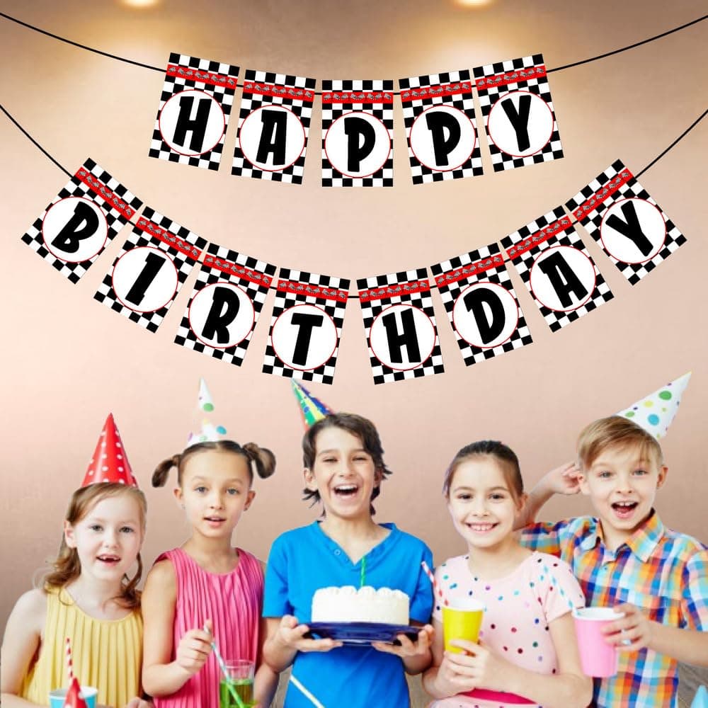 Balloonistics Racing Theme Happy Birthday Banner Checkered Flag Party Decorations Premium Cardstock Birthday Backdrop for Kids (Happy Birthday Banner) thumbnail 3