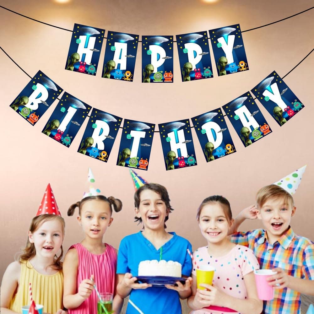 Aliens Theme Happy Birthday Banner - Out of This World Galaxy & Outer Space Cardstock Bunting - Extraterrestrial, UFO & Martian Party Decorations, "We Come in Peace" Backdrop (Happy Birthday Banner) thumbnail 3