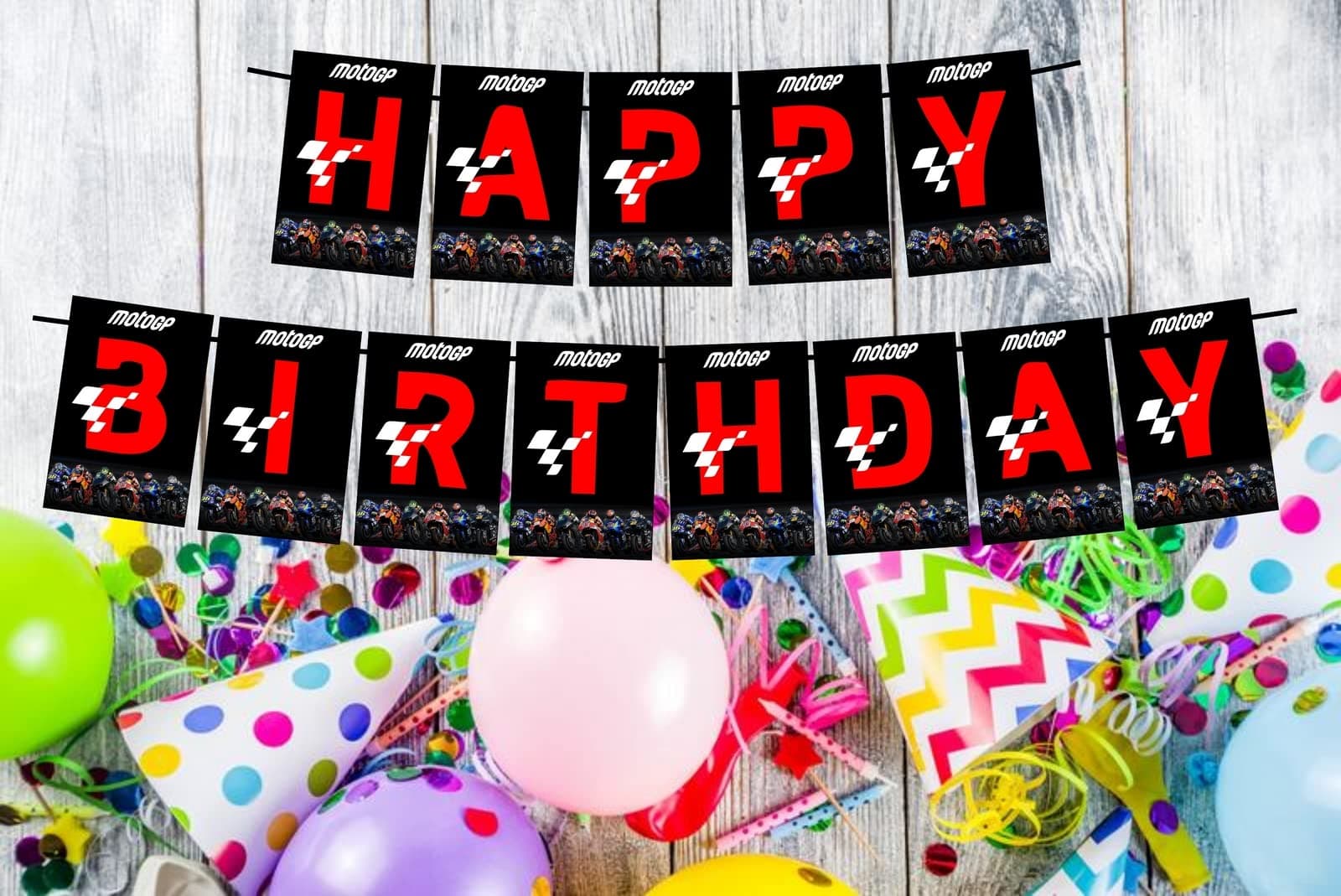 Balloonistics MotoGP Theme Happy Birthday Banner - Grand Prix Racing & Sportbike Cardstock Bunting for Motorbike Fans - Two-Wheel Racing Party Decorations, Podium Finish Backdrop thumbnail 2