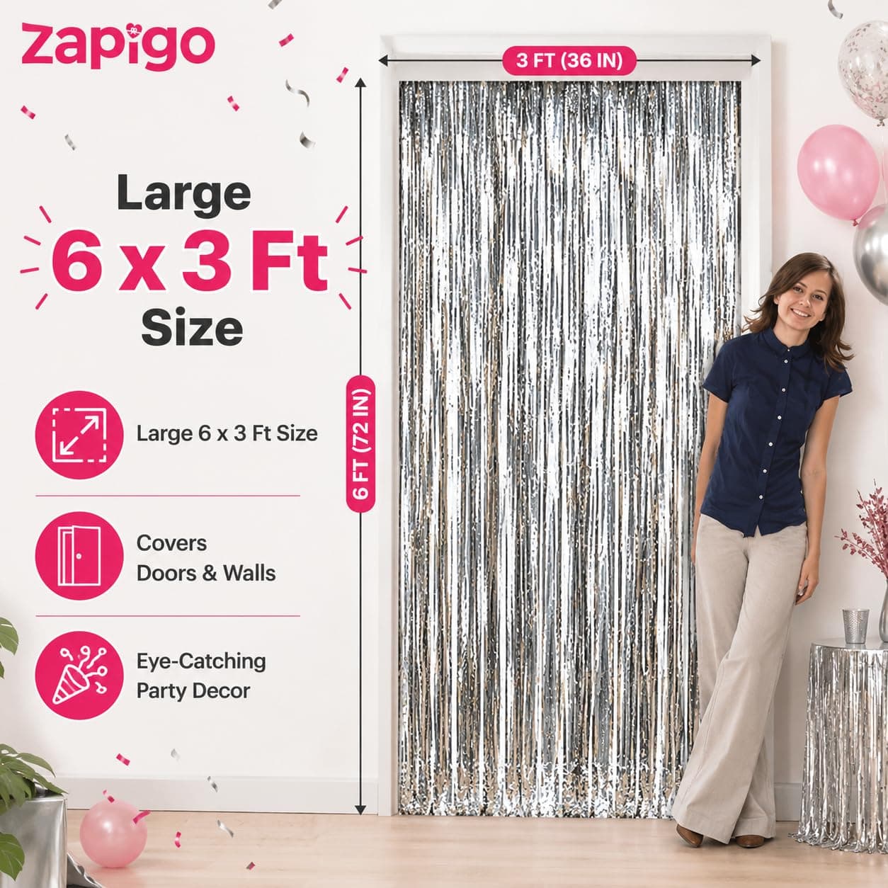 Balloonistics Silver Metallic Fringe Foil Curtain – 3 × 6 Feet Shimmer Tinsel Backdrop for Birthday, Wedding, Anniversary & Photo Booth Decoration (Silver) thumbnail 2