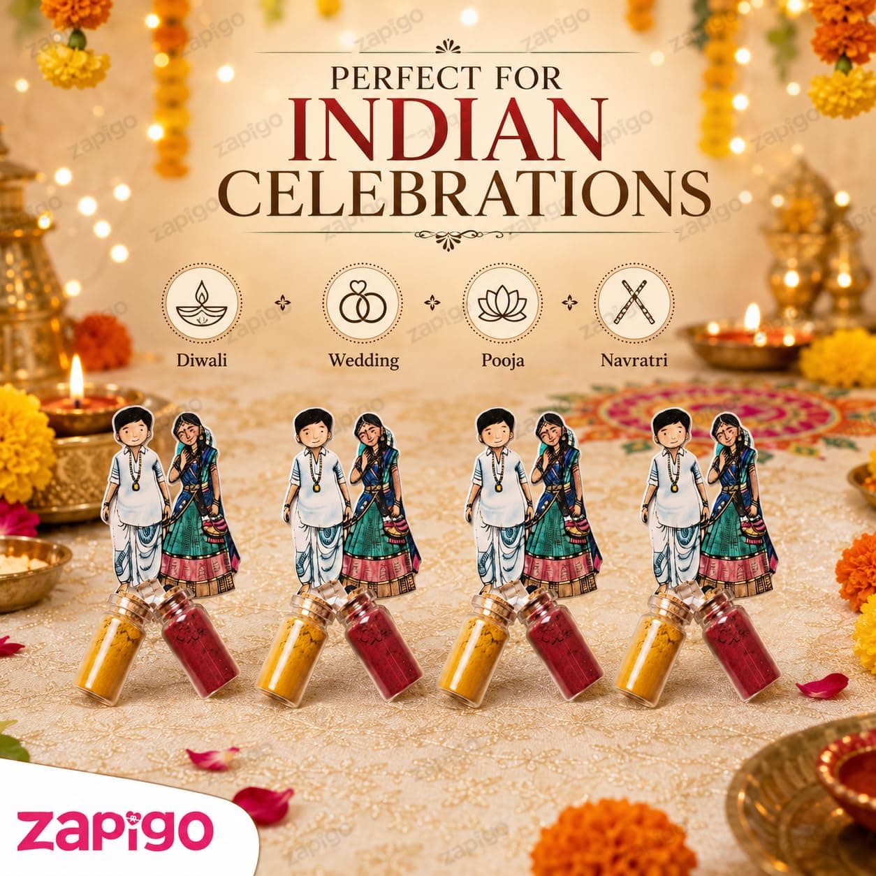 Habba Wedding Couple Haldi Kumkum Set for Guests, Printed Cut-Out with Mini Dome Glass Bottles of Haldi & Kumkum, Traditional Wedding Pooja Return Gift (Kalyanam, Vivah, Lagna), Pack of 5 thumbnail 3