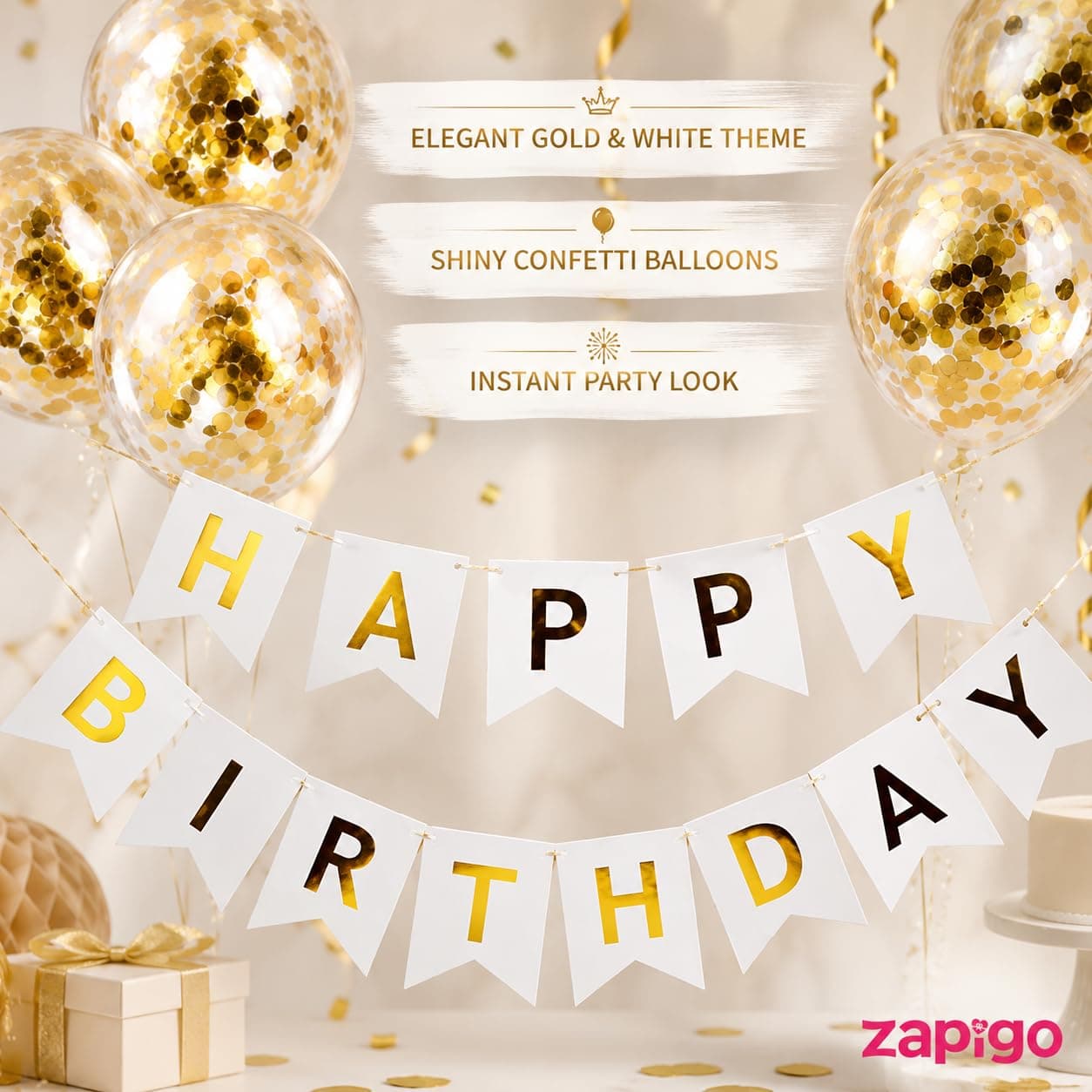 Balloonistics Gold Confetti Balloons with White Happy Birthday Banner Combo – Pre-Filled Confetti Latex Balloons & Birthday Banner Party Decoration Set thumbnail 2