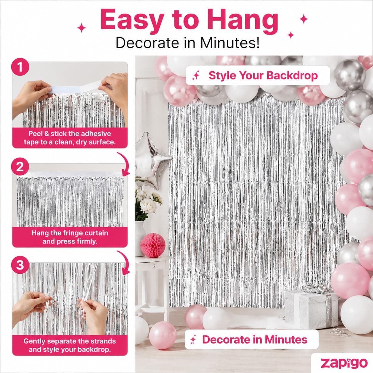 Balloonistics Silver Metallic Fringe Foil Curtain – Set of 4, 6x3 Ft Backdrop for Birthday, Baby Shower & Anniversary Decoration thumbnail 6