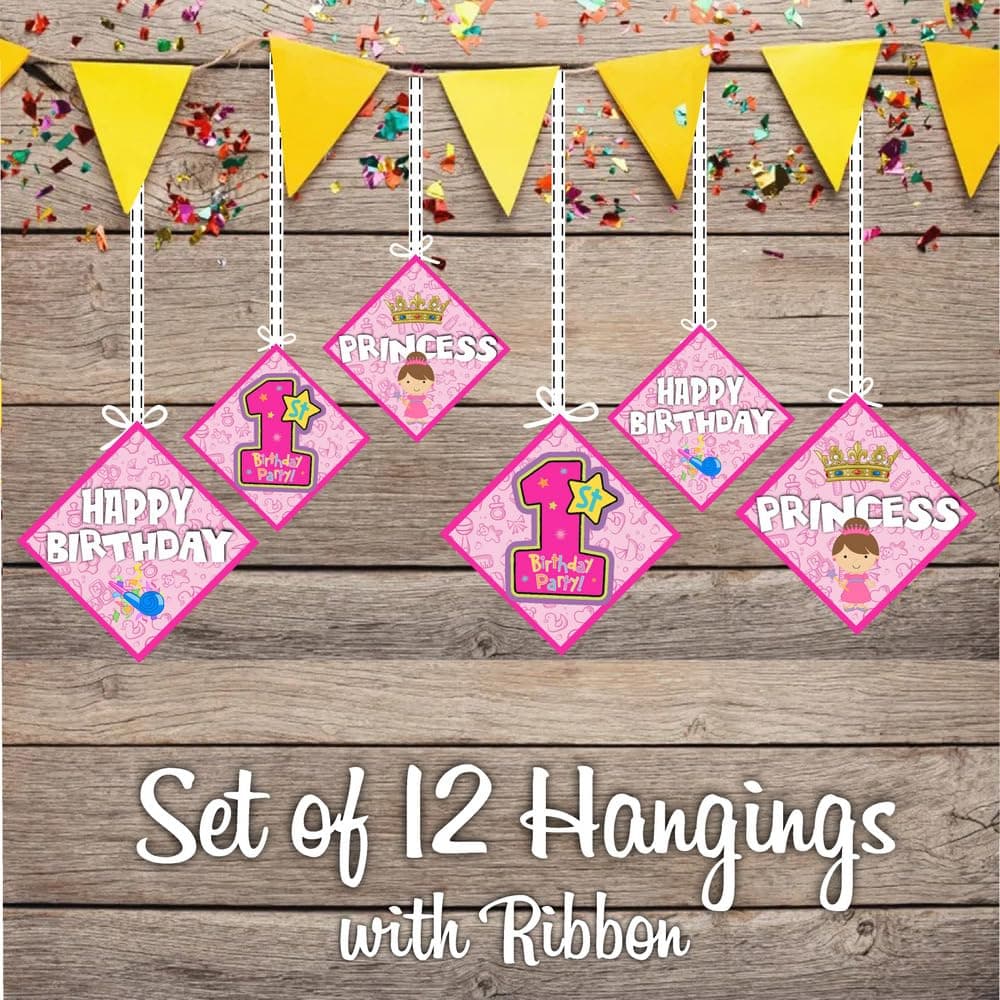 Balloonistics Girl 1st Birthday Theme Hanging Decorations Double-Sided Cardstock Ceiling Hangings with Ribbons Premium Party Decor (Hangings - Pack of 12) thumbnail 2