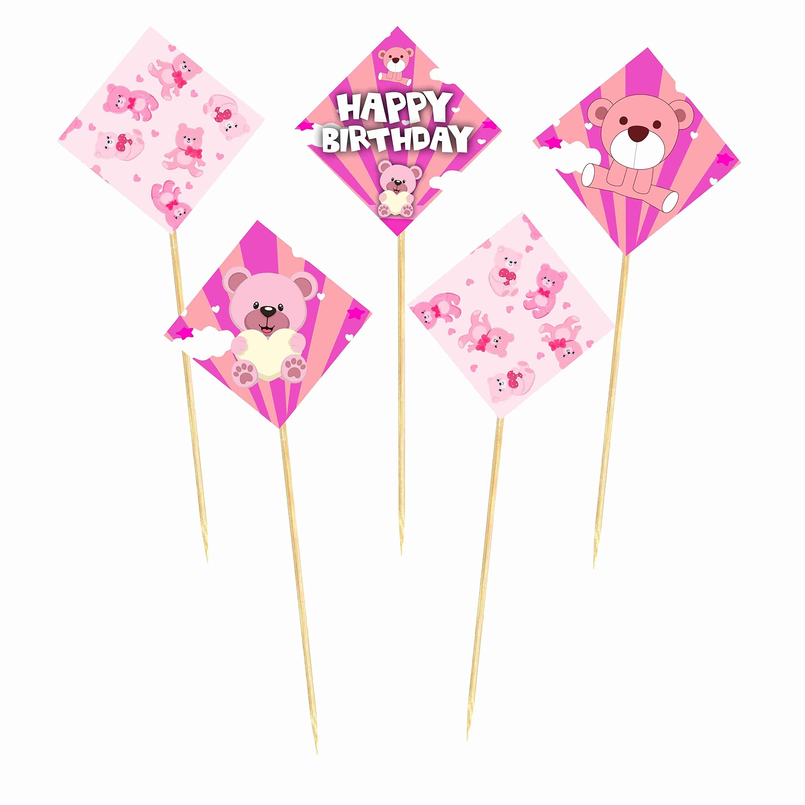 Balloonistics Pink Teddy Bear Happy Birthday Cake Toppers - Pack of 10 Double-Sided Cardstock Cake Picks - Sweet Bear Theme, 1st Birthday Decorations, Beary Sweet Dessert Toppers on Bamboo Sticks (Cake Topper - Pack of 10) thumbnail 2
