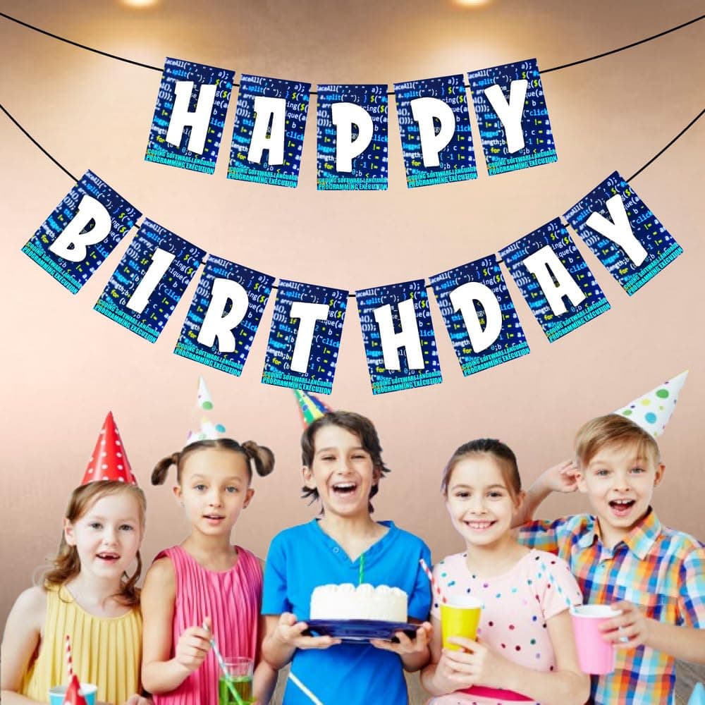 Balloonistics Coding & Software Theme Happy Birthday Banner - Programmer & Computer Science Cardstock Bunting - Tech, Gaming & IT Developer Party Decorations, Future Coder Backdrop thumbnail 3