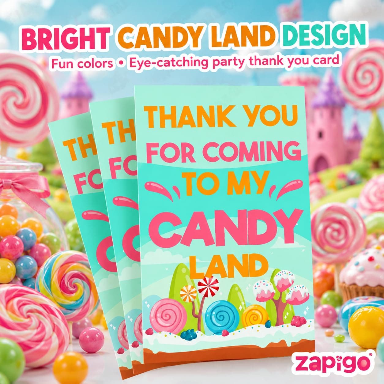 Balloonistics Candy Theme Birthday Thank You Cards - Pack of 20 Vibrant "Sweet Shop" Note Cards with Envelopes - Double-Sided Cardstock Fill-in Appreciation Cards, Candyland Party Favors (Thank you Cards - Pack of 20) thumbnail 4