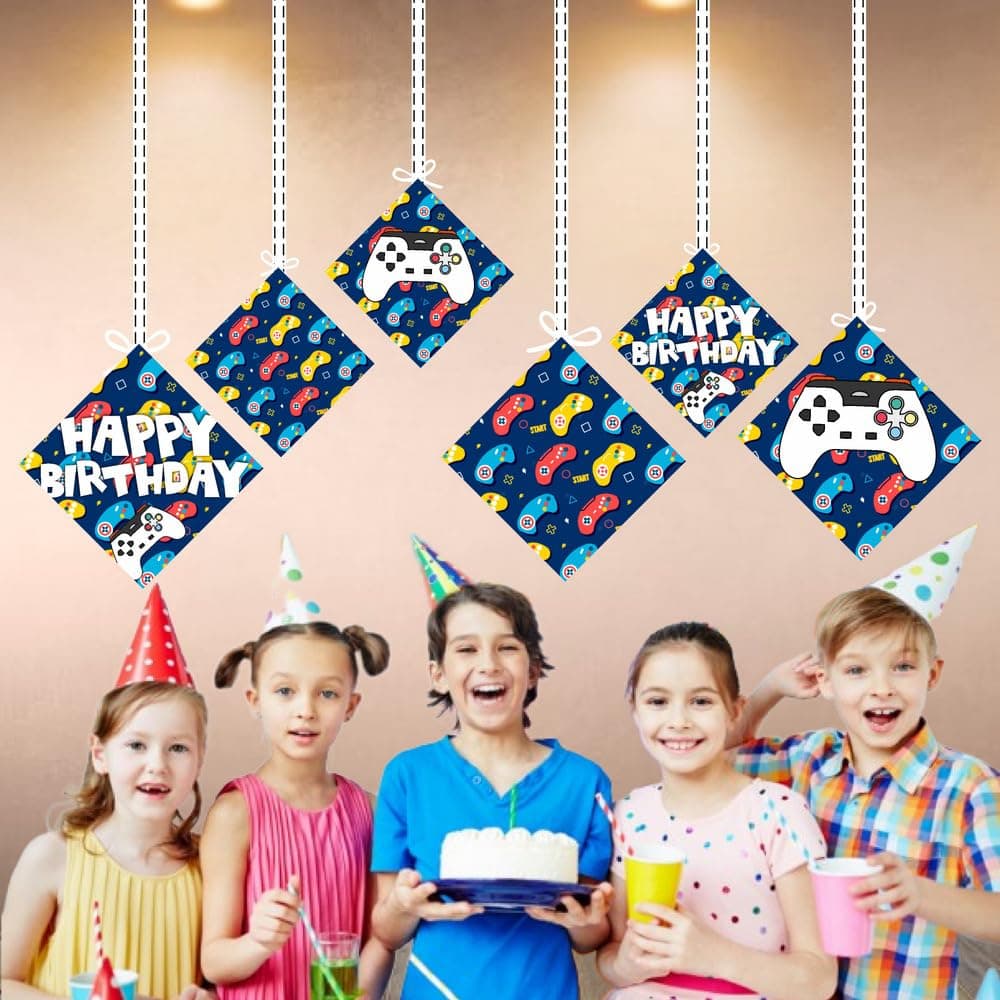 Balloonistics Video Game Theme Birthday Ceiling Hangings - Double-Sided Cardstock Gaming Decorations - Level Up Gamer Party Supplies for Boys & Kids, Includes Ribbons for Easy Hanging (Hangings - Pack of 12) thumbnail 4