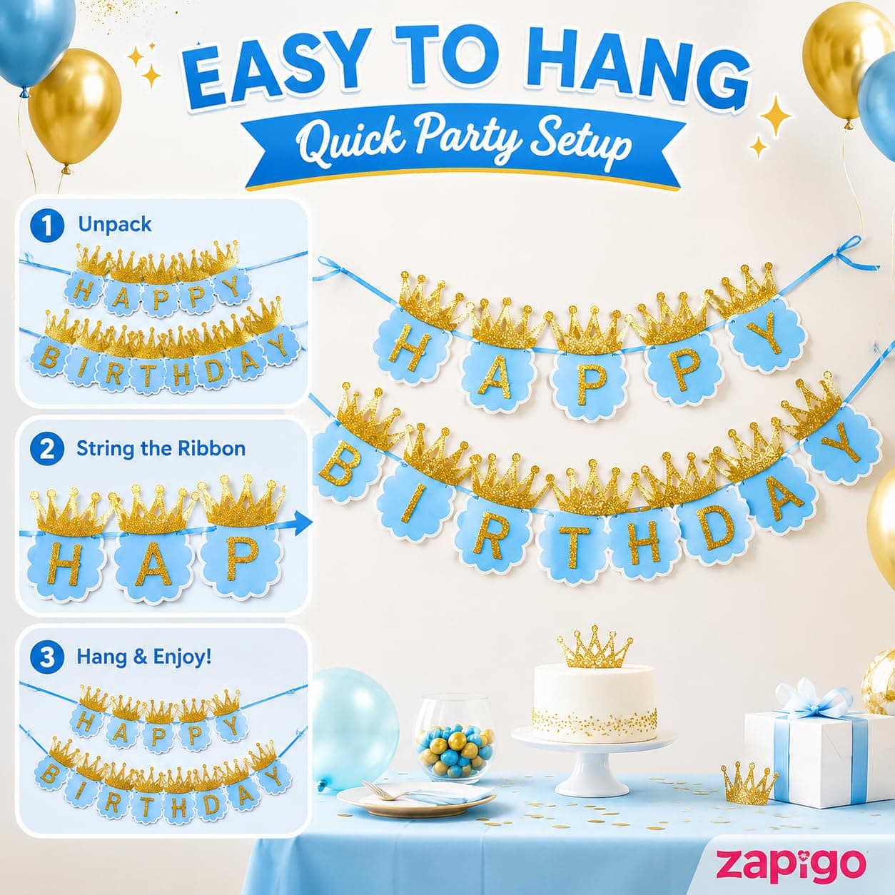 Balloonistics Happy Birthday Cardboard Banner with Glitter Crown – Blue & Gold Party Decoration Bundle for Boys Birthday Celebration & Photo Backdrop thumbnail 7