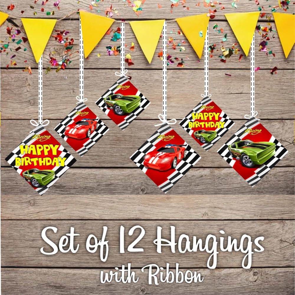 Balloonistics Sports Car Theme Hanging Decorations - Pack of 12 Double-Sided Cardstock Cutouts - Racing & Supercar Birthday Party Supplies - Includes Ribbons - Fast One & Two Fast Room Decor (Hangings - Pack of 12) thumbnail 2