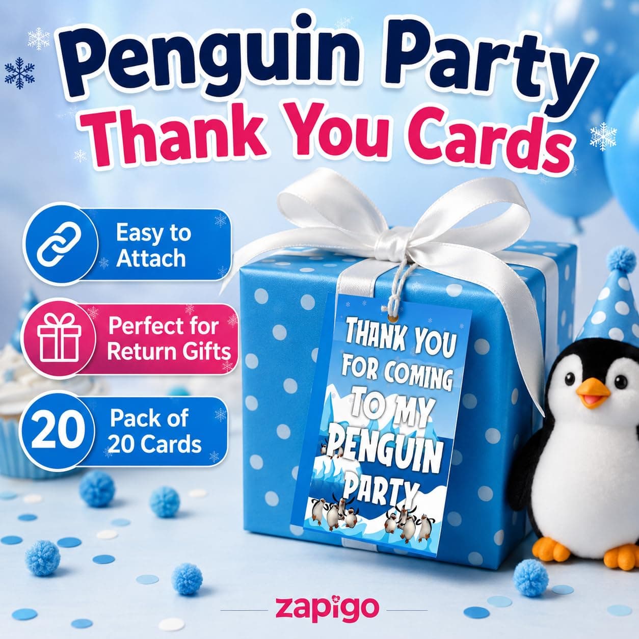 Balloonistics Penguin Happy Birthday Thank You Cards - Pack of 20 Premium Cardstock Notes - Cute Winter Theme Party Supplies, "Thanks for Sliding By" Kids Appreciation Cards with Envelopes (Thank you Cards - Pack of 20) thumbnail 3
